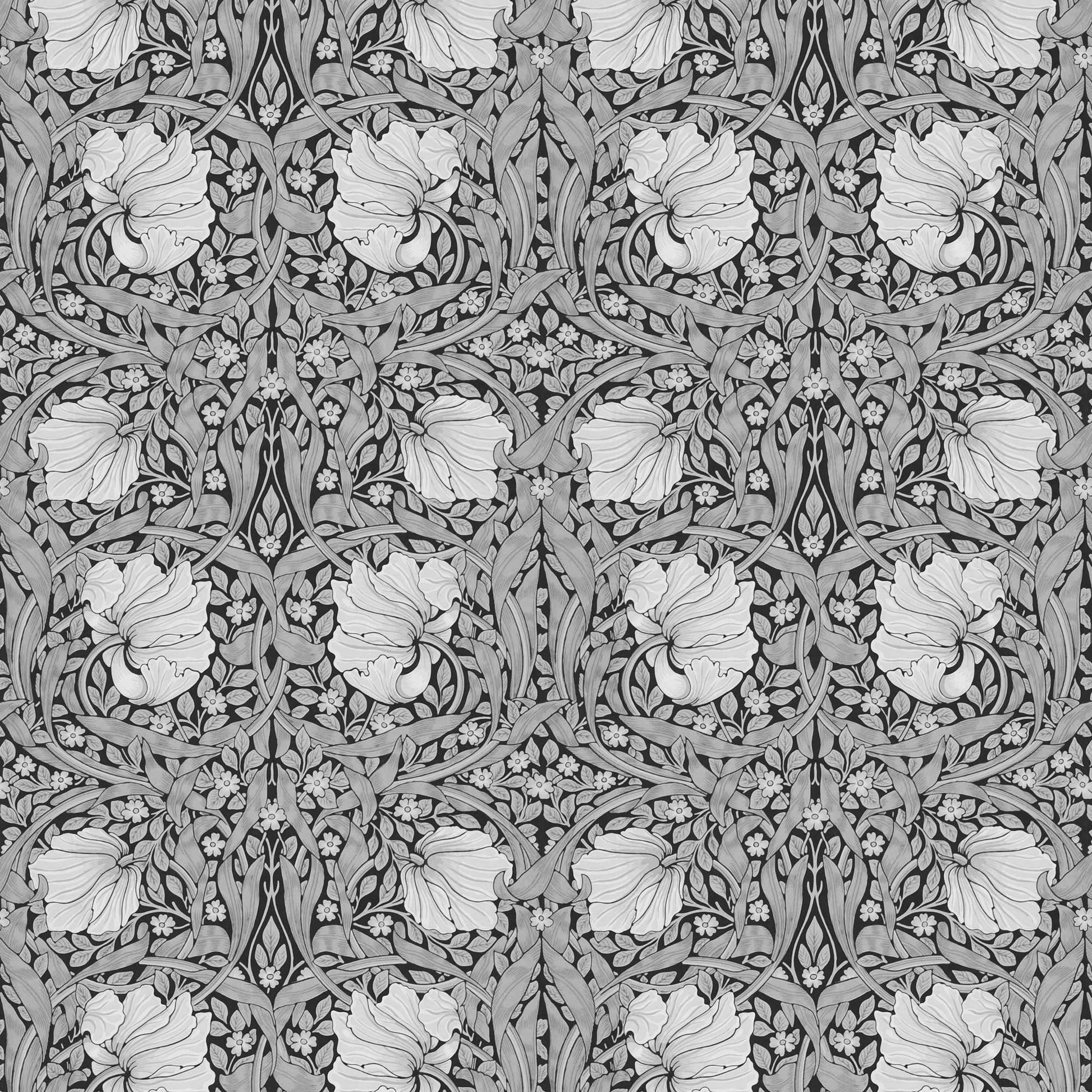 Grayscale Pimpernel pattern detail — seamless repeating tile of the monochrome William Morris botanical 1876 design