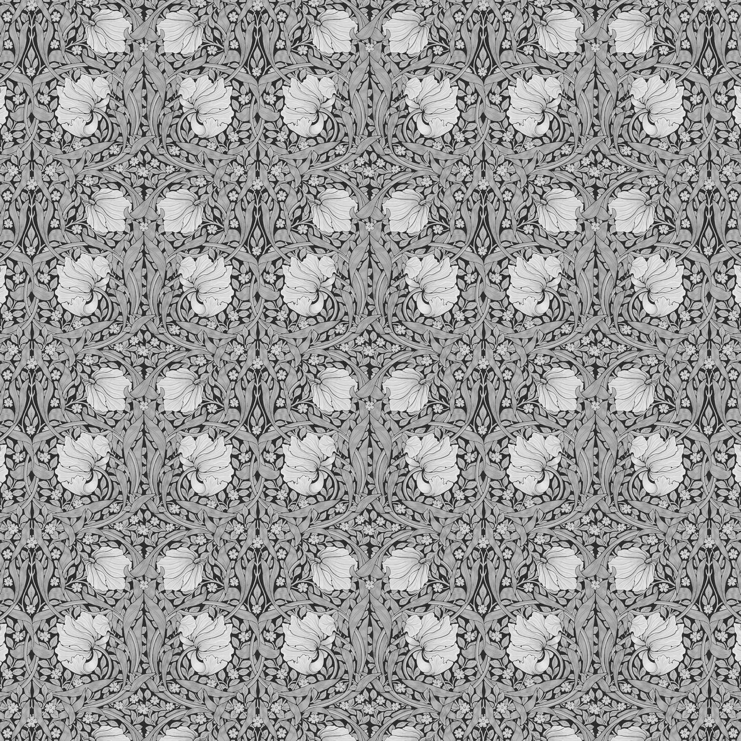 Grayscale Pimpernel pattern detail — full seamless repeating pattern of the monochrome William Morris Arts and Crafts floral design