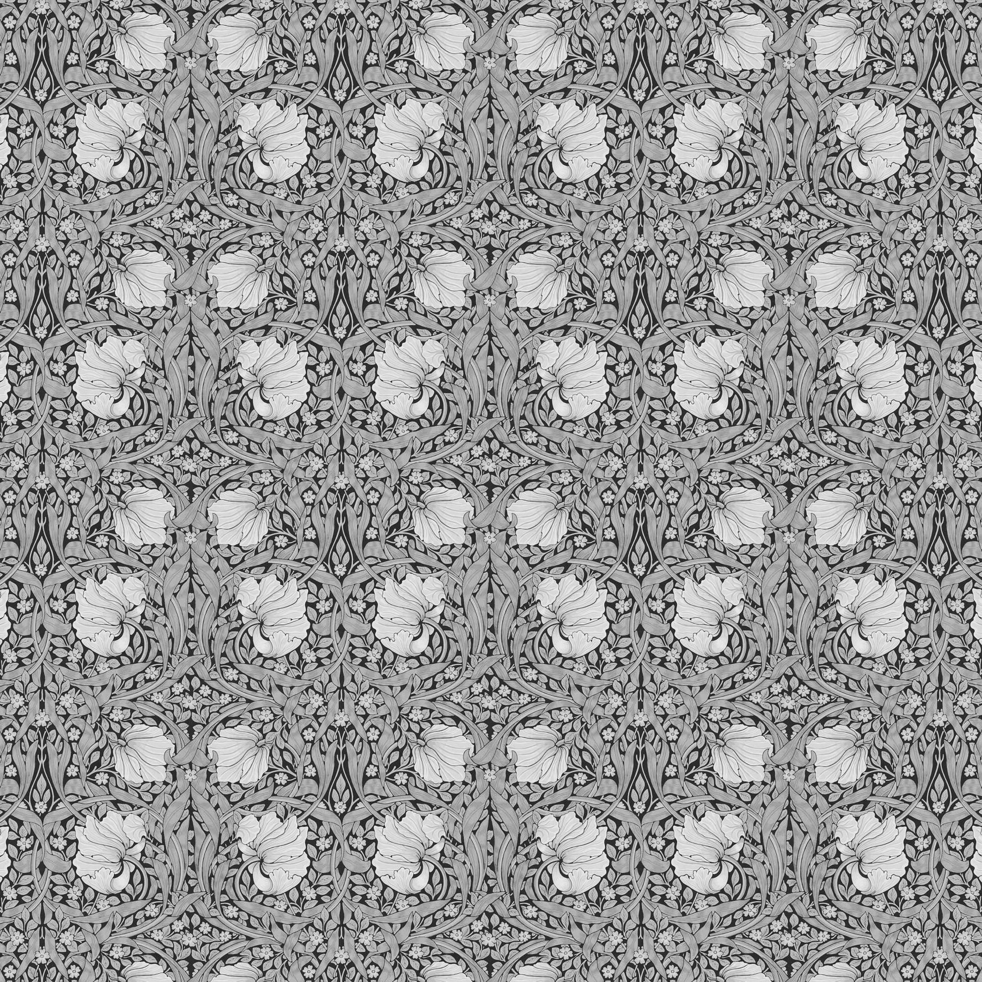 Grayscale Pimpernel pattern detail — full seamless repeating pattern of the monochrome William Morris Arts and Crafts floral design