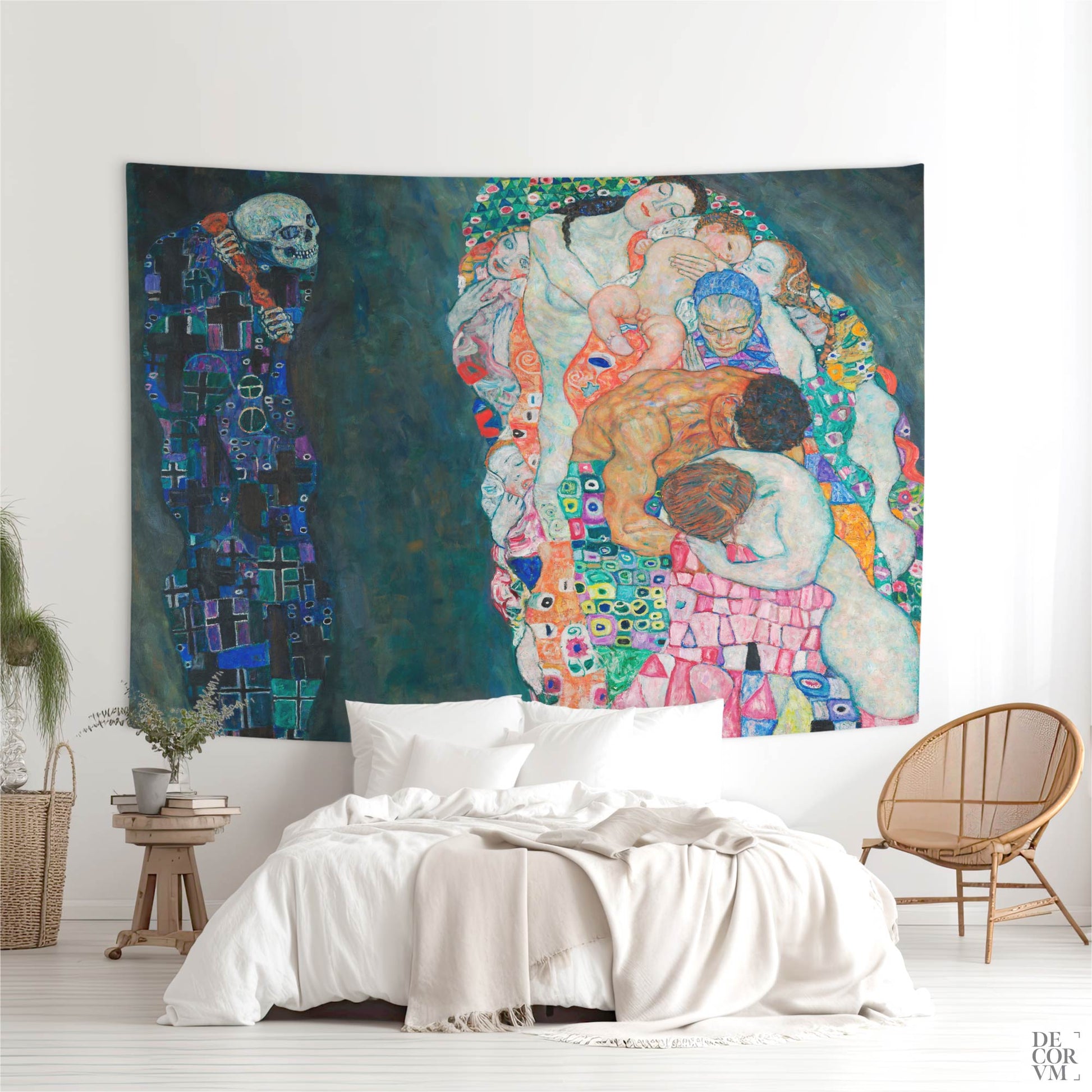 Large Gustav Klimt Death and Life wall tapestry hung in a bohemian bedroom — deep teal symbolist allegory above a wooden bed.