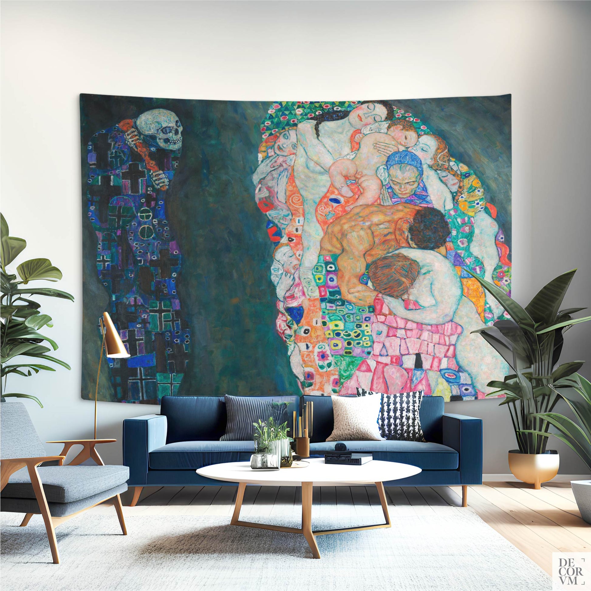 Gustav Klimt Death and Life wall tapestry styled in an elegant living room above a velvet sofa — Vienna Secession art nouveau decor.