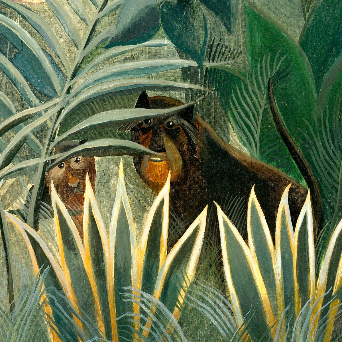 Detailed section of the Henri Rousseau Equatorial Jungle artwork showing two dark monkeys peering cautiously through sharp, yellow-edged tropical foliage.