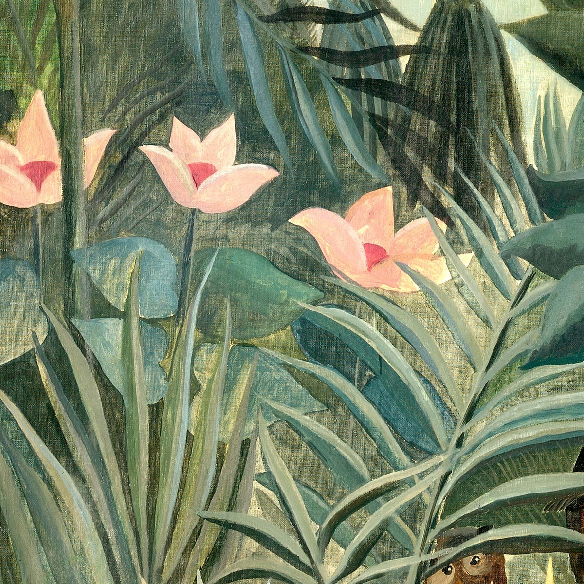 Vivid pink flowers bloom amidst thick, layered green leaves in this specific closeup of the Henri Rousseau Equatorial Jungle botanical design.