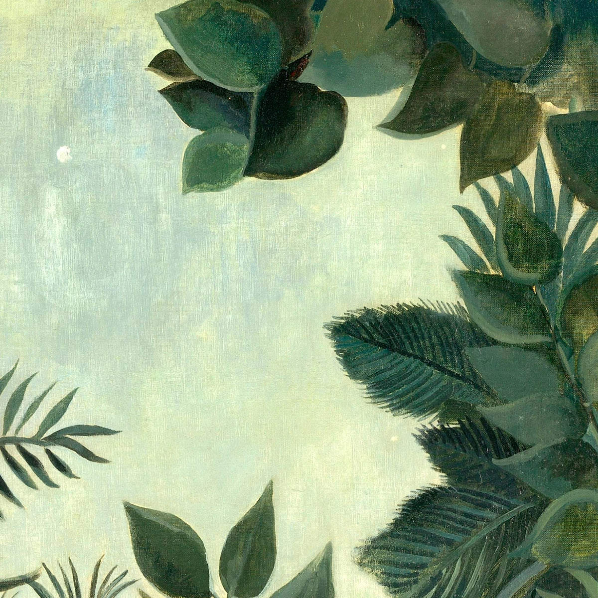 Top edge of the Henri Rousseau Equatorial Jungle painting featuring dark green leaves framing a pale blue sky and a faint, tiny moon.