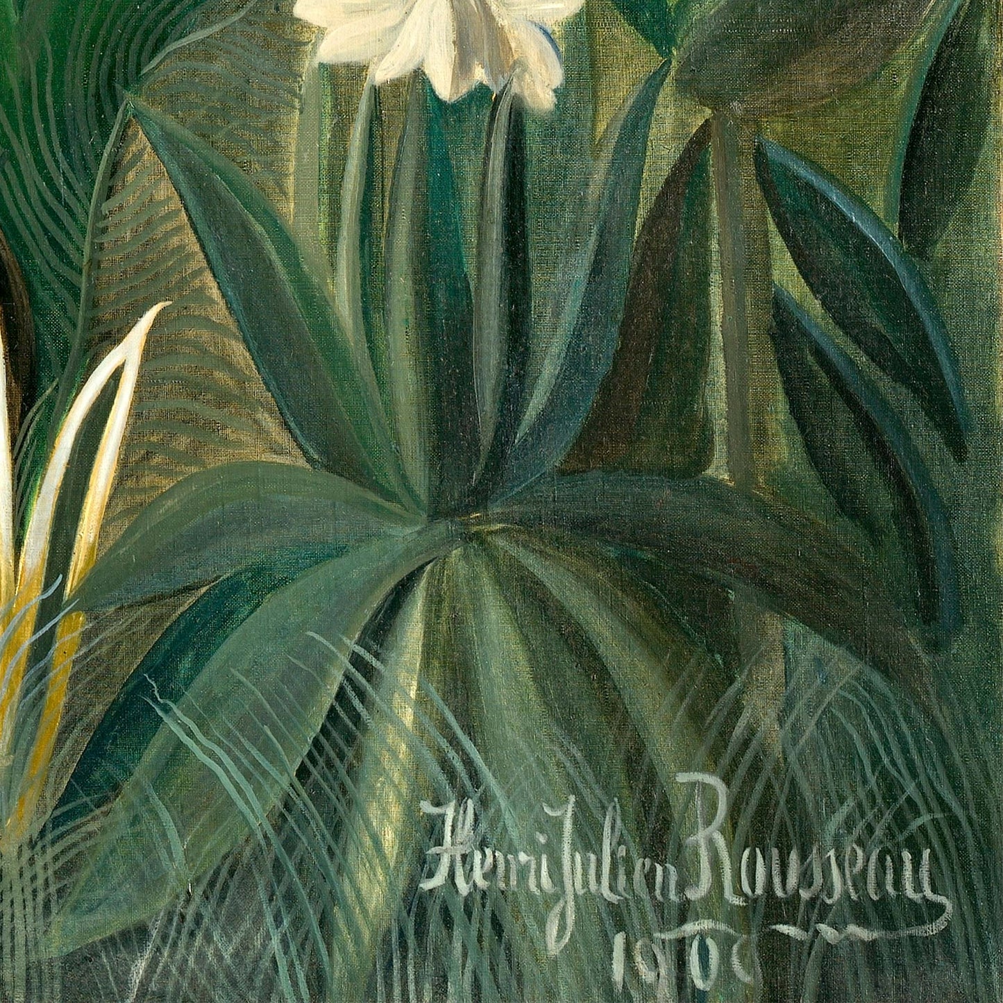 Authentic signature of the artist reading "Henri Julien Rousseau 1909" painted over the grass at the bottom right corner of the Henri Rousseau Equatorial Jungle composition.