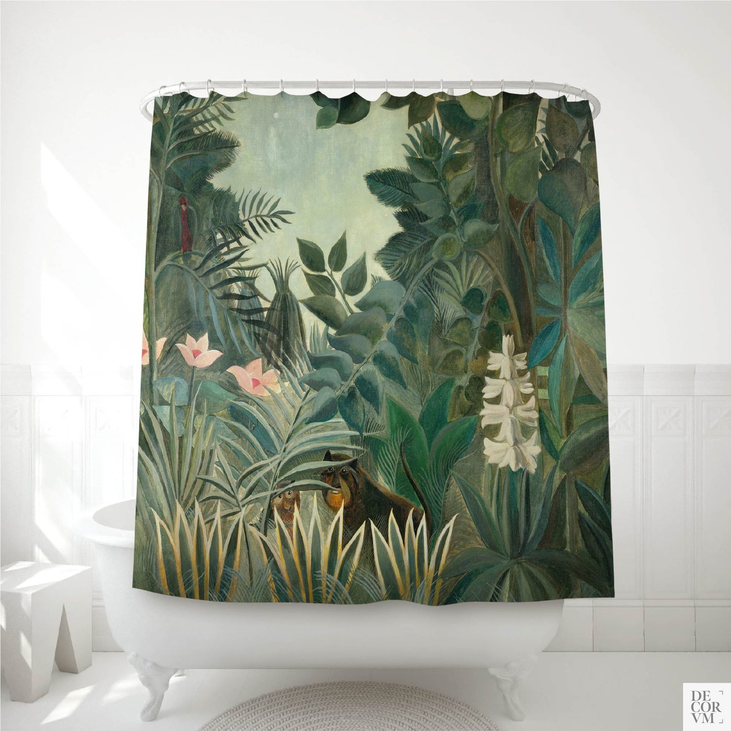 Full view of the Henri Rousseau Equatorial Jungle Shower Curtain hanging elegantly in a bright white bathroom, showcasing lush tropical botanical decor.