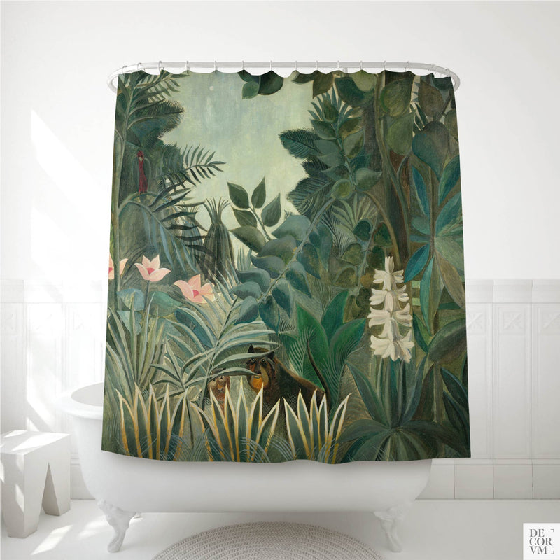 Full view of the Henri Rousseau Equatorial Jungle Shower Curtain hanging elegantly in a bright white bathroom, showcasing lush tropical botanical decor.
