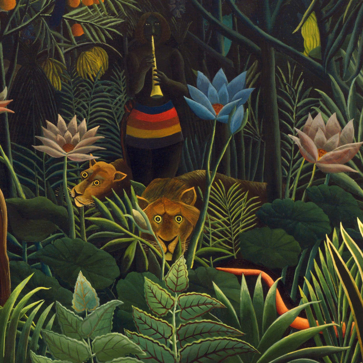 Close-up detail of two wide-eyed lions peering through the leaves while a snake charmer in a striped robe plays a flute above them, framed by pale lotus blossoms — from Henri Rousseau's 1910 painting The Dream.
