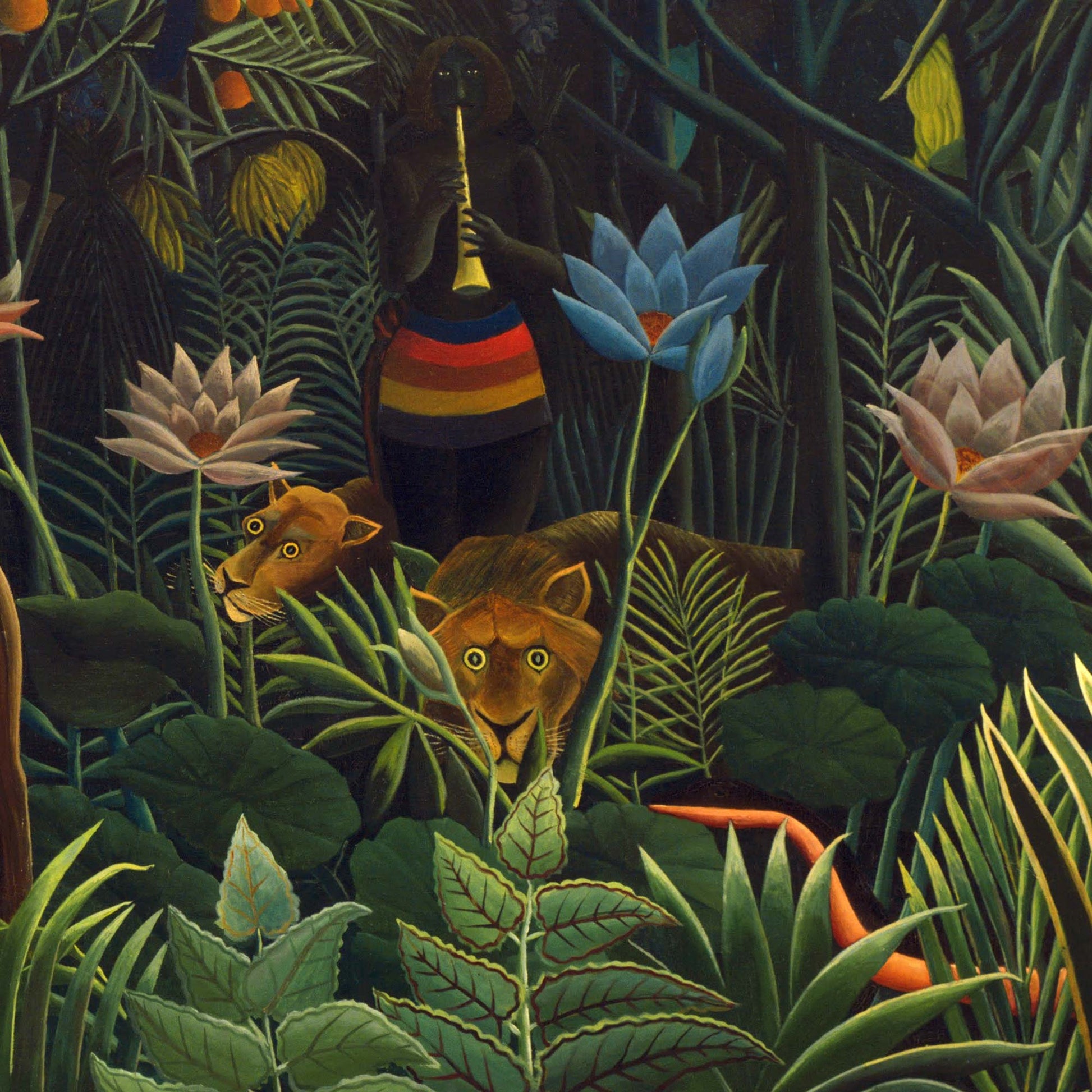 Close-up detail of two wide-eyed lions peering through the leaves while a snake charmer in a striped robe plays a flute above them, framed by pale lotus blossoms — from Henri Rousseau's 1910 painting The Dream.