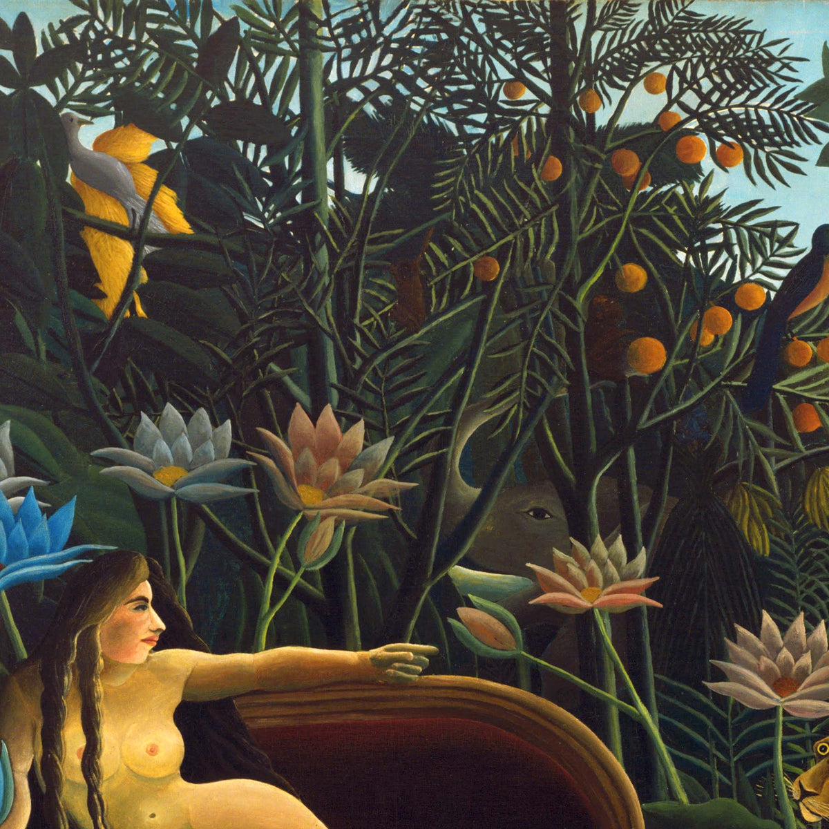Close-up detail of the jungle canopy with an orange-fruited tree, a small yellow bird perched on a branch, and an elephant's eye hidden among the leaves against a soft blue sky — from Henri Rousseau's 1910 painting The Dream.