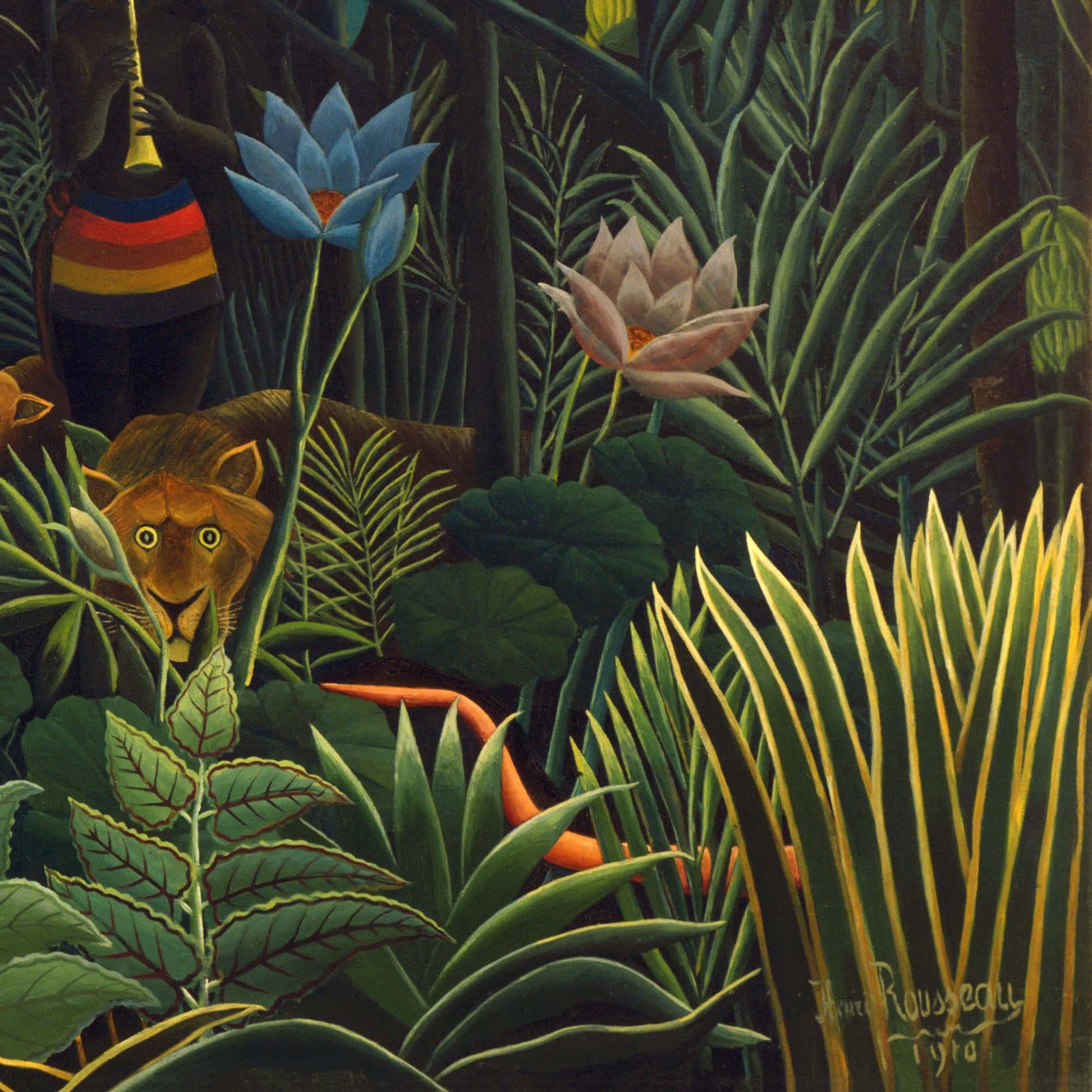 Close-up detail of a lion with glowing yellow eyes emerging from the foliage beside a coiling orange snake, with the snake charmer's striped robe just visible above — from Henri Rousseau's 1910 painting The Dream.