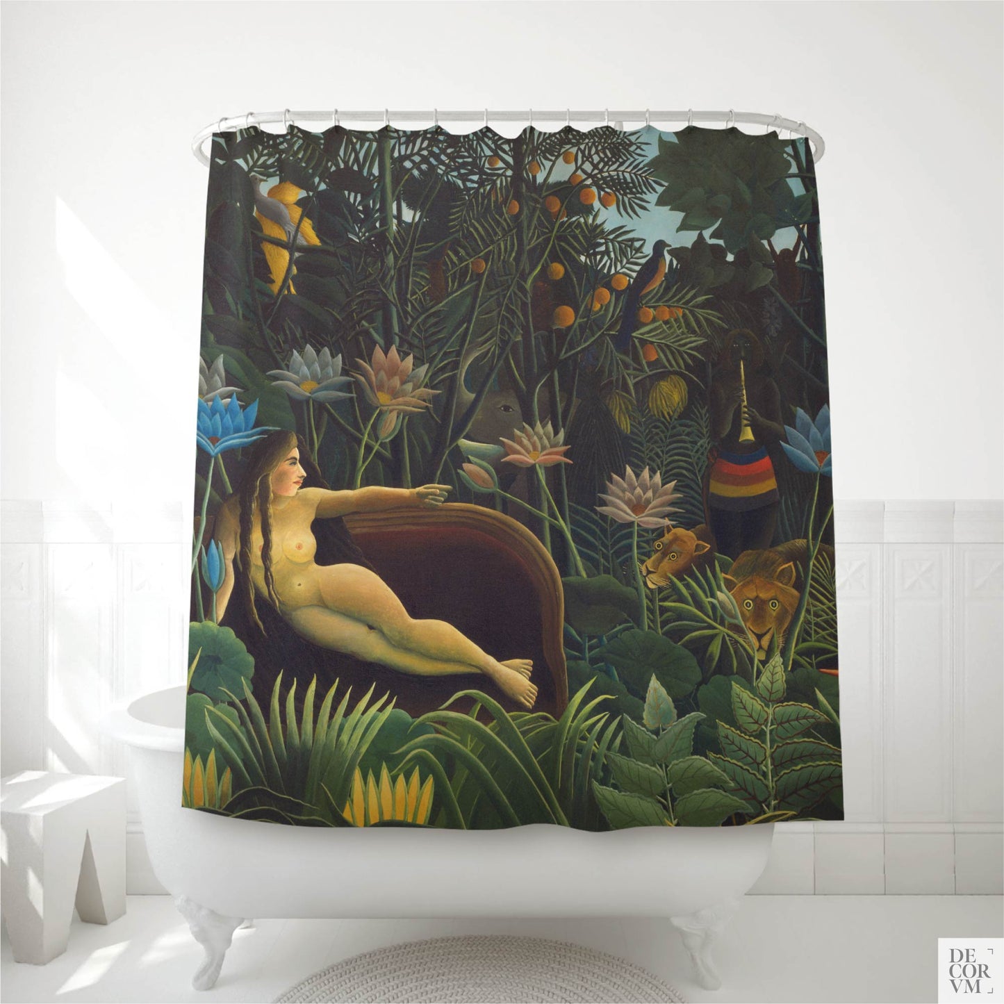 Henri Rousseau The Dream shower curtain hanging over a white clawfoot bathtub in a bright bathroom — a maximalist jungle painting with a reclining figure, lions in the leaves, and a snake charmer under moonlight, by Decorvm.