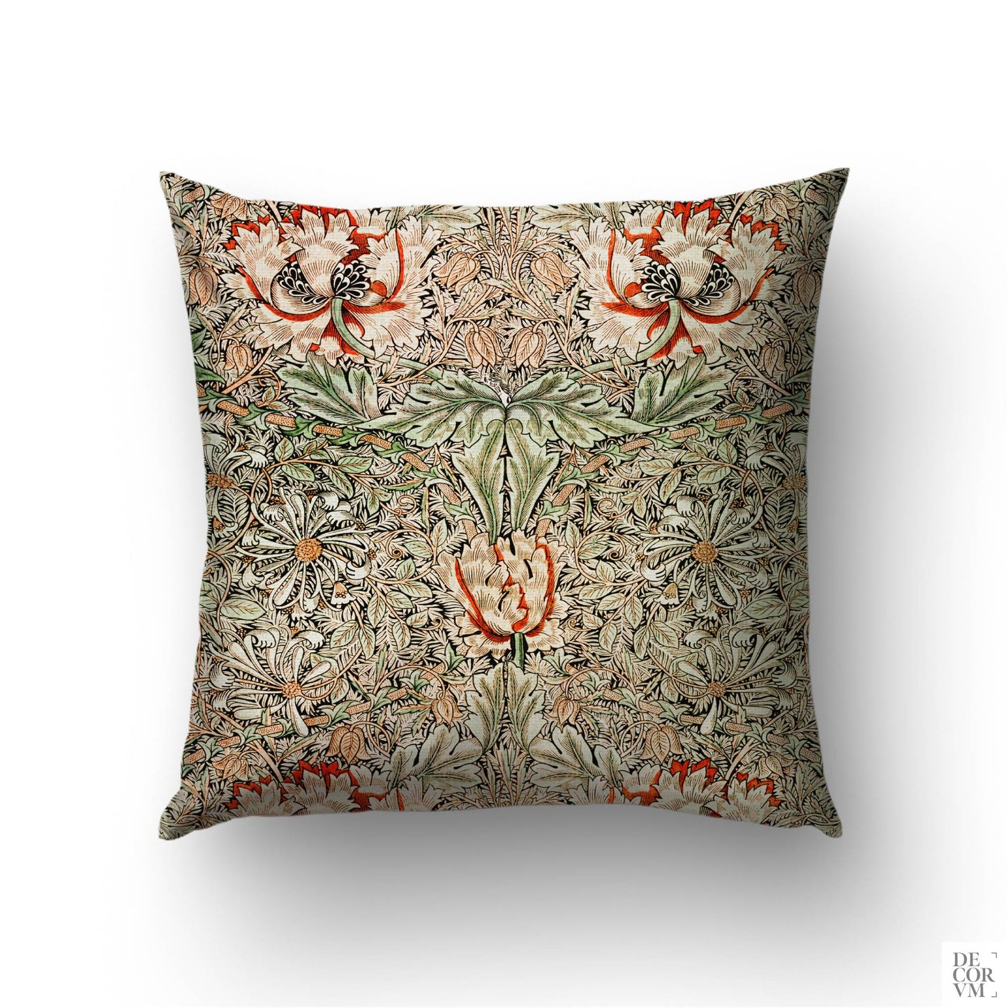 May Morris Honeysuckle throw pillow cover on a sofa — 1883 Arts and Crafts pattern in orange, cream, and green by Decorvm.