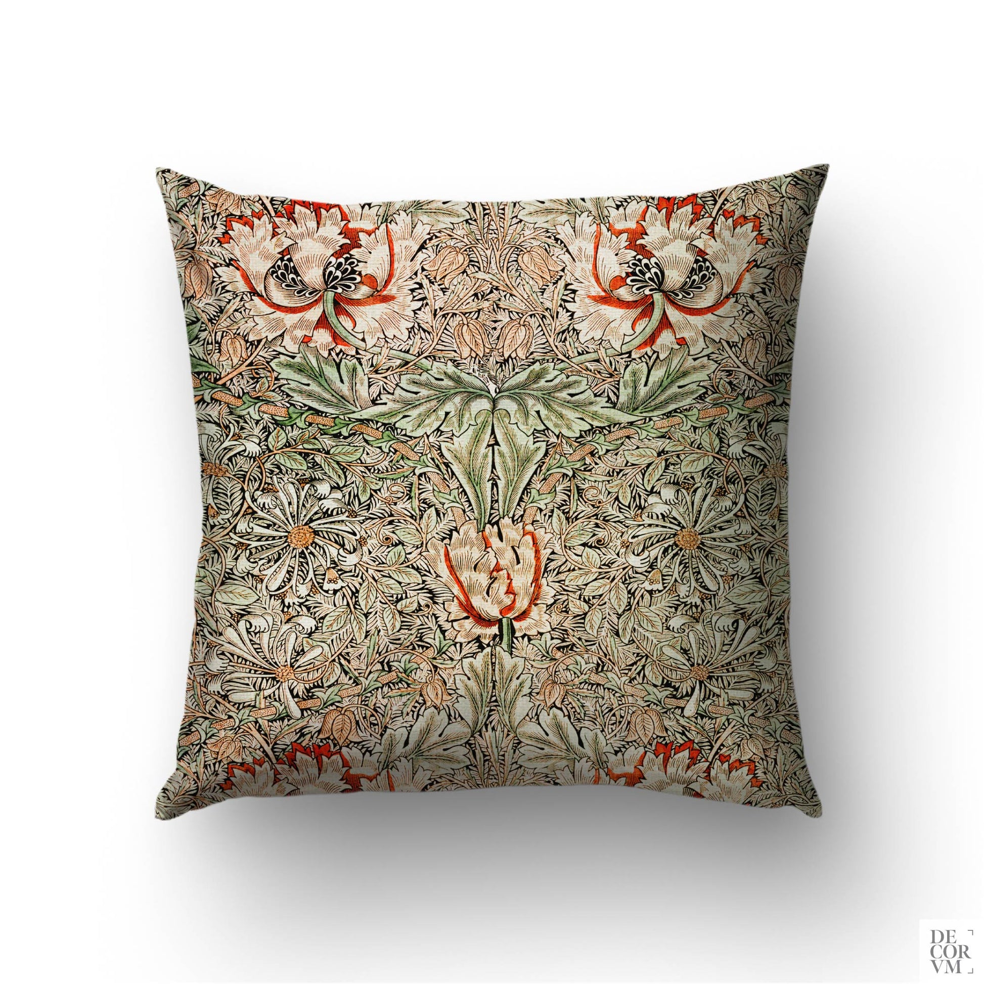 May Morris Honeysuckle throw pillow cover on a sofa — 1883 Arts and Crafts pattern in orange, cream, and green by Decorvm.