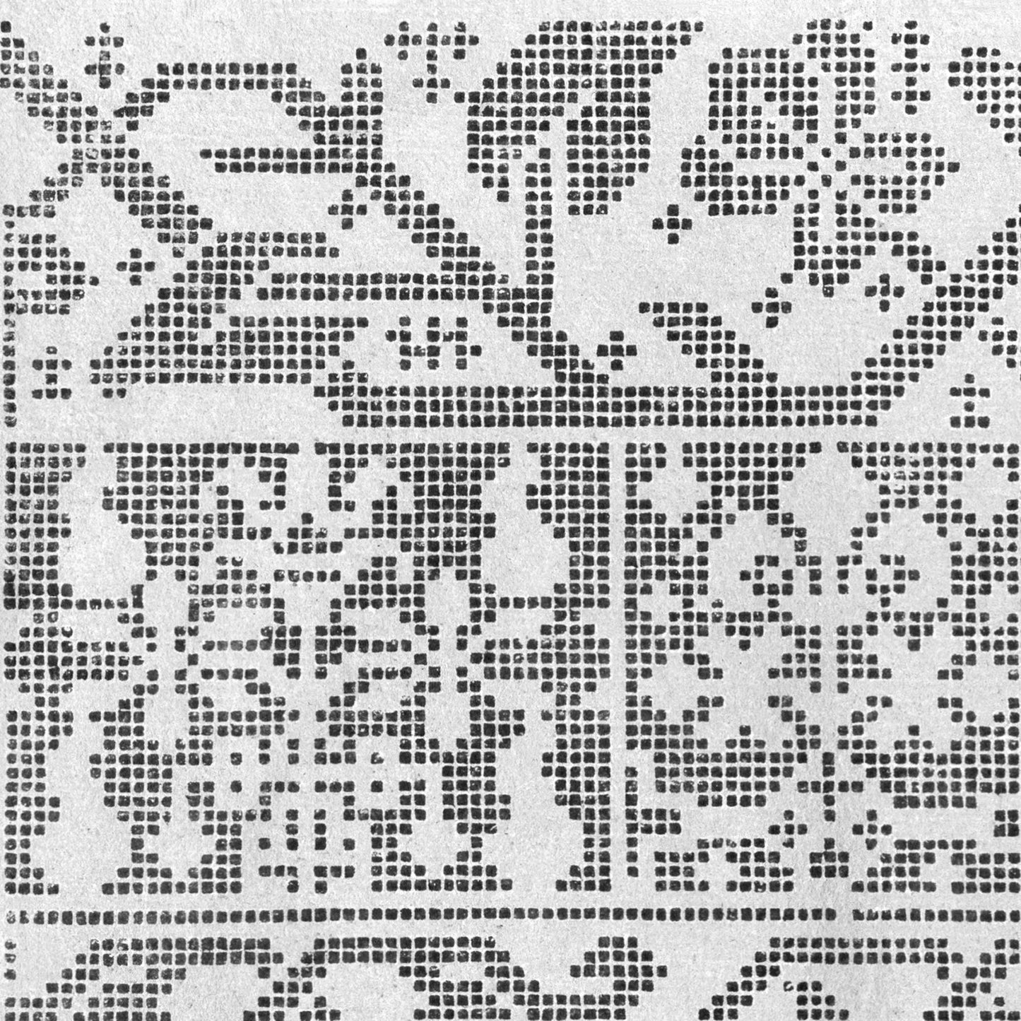 Italian lacework pattern detail — cross-stitch botanical and geometric motifs in light gray from 1532 Renaissance woodcut design