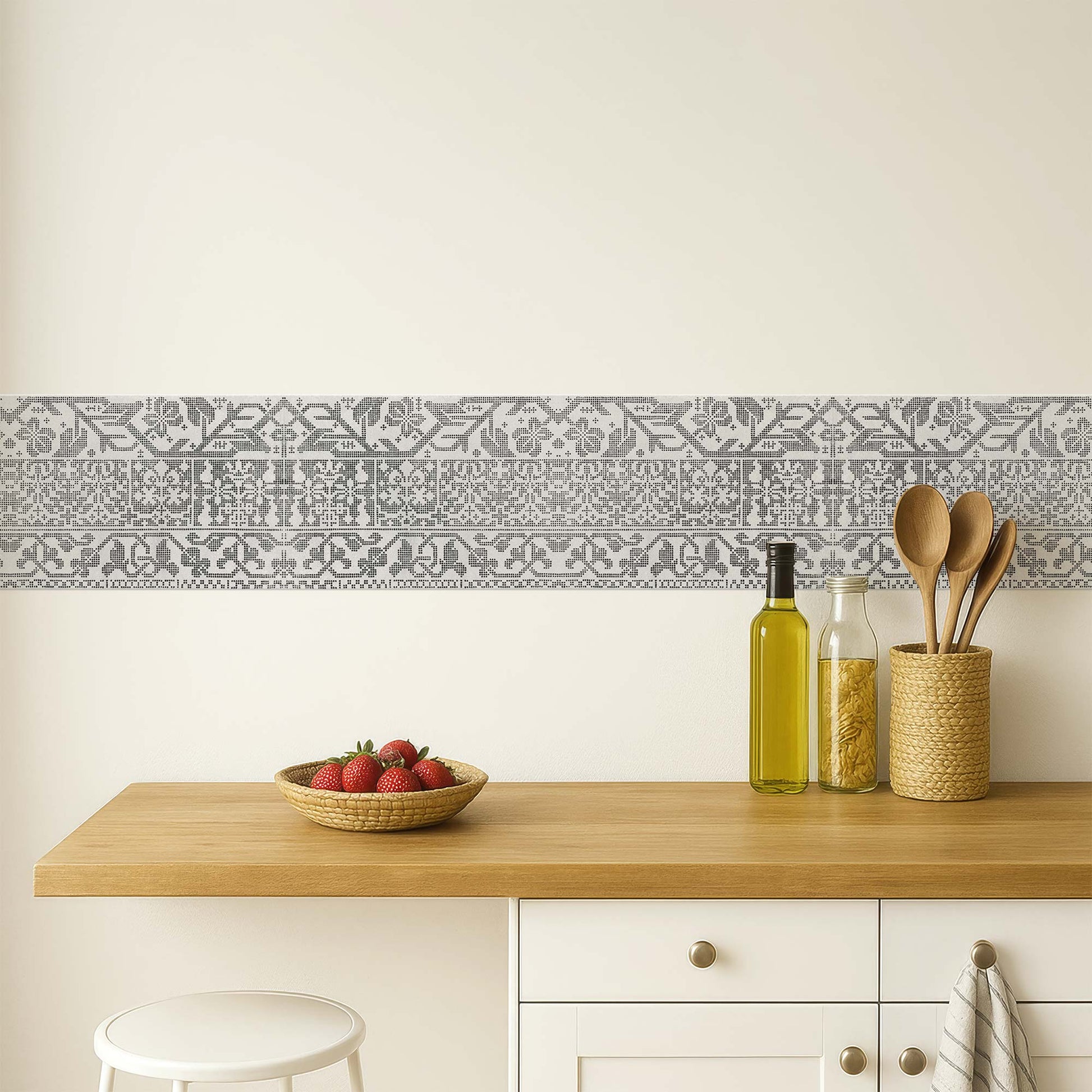 Italian lacework peel and stick wall border in light gray — warm elegant kitchen styling with Renaissance-inspired pattern