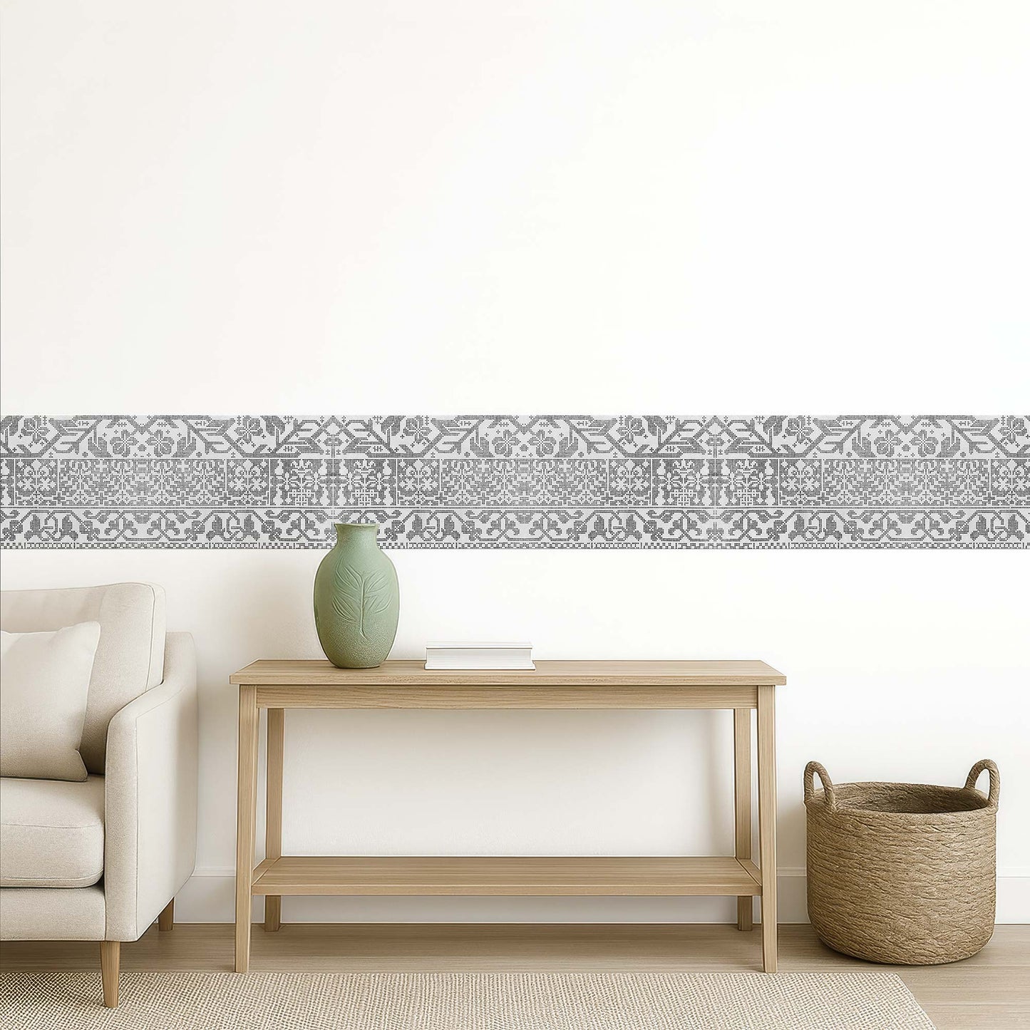 Italian lacework peel and stick wall border in light gray — serene living room decor above a natural wood console table