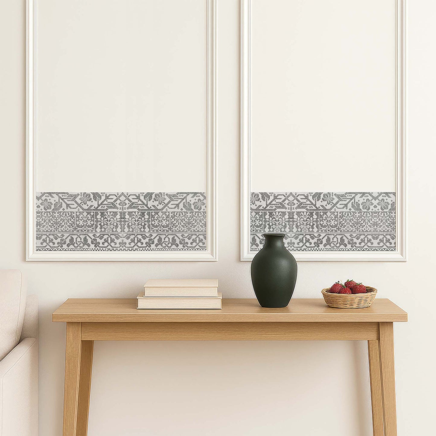 Italian lacework peel and stick wall border in light gray — framed within traditional white wall moulding for an elegant trim effect