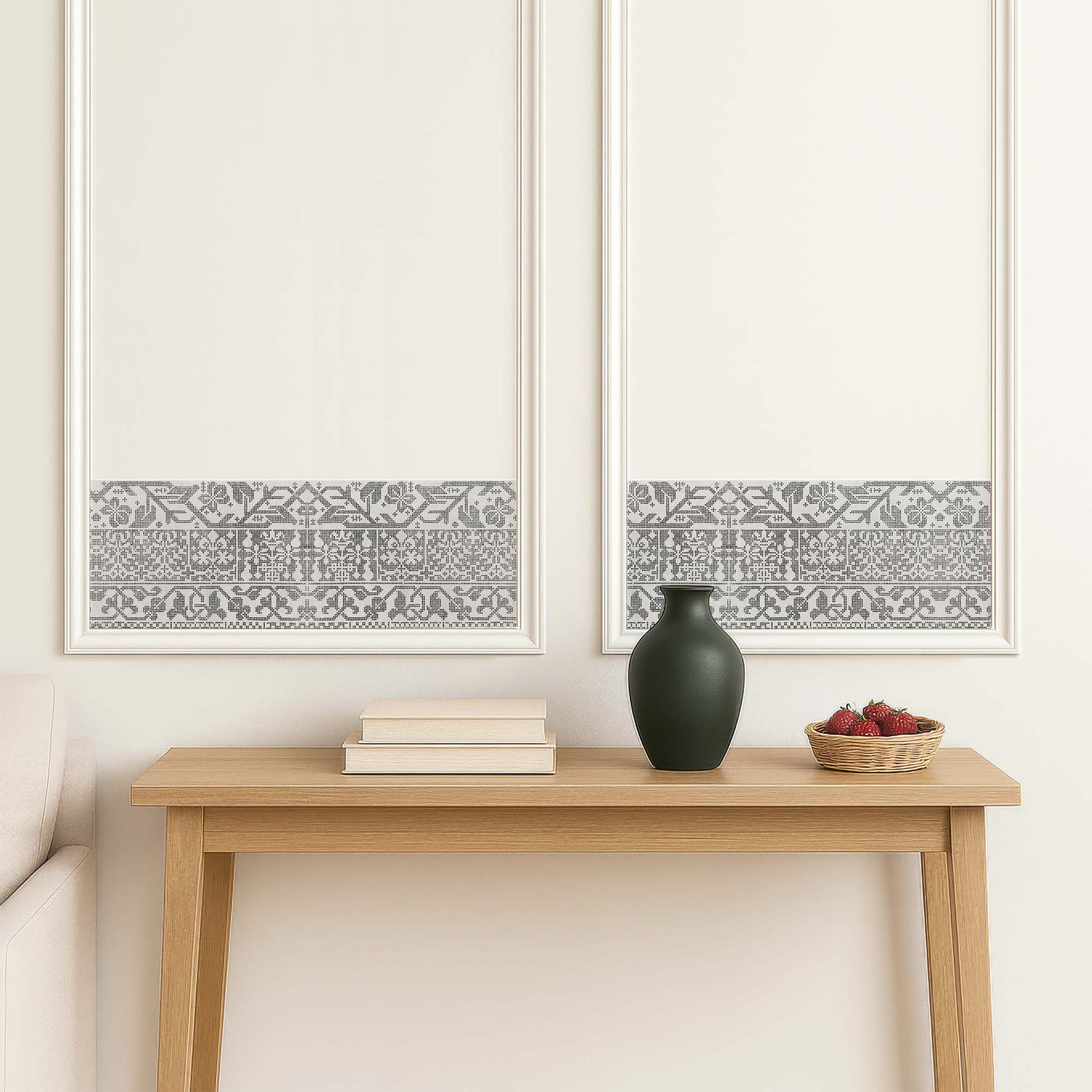 Italian lacework peel and stick wall border in light gray — framed within traditional white wall moulding for an elegant trim effect
