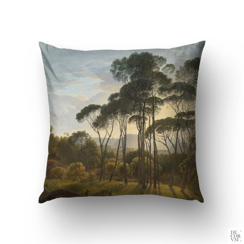 Full front view of the vintage Italian landscape throw pillow cover featuring Hendrik Voogd's Italian Landscape with Umbrella Pines, displayed on a pristine white background.