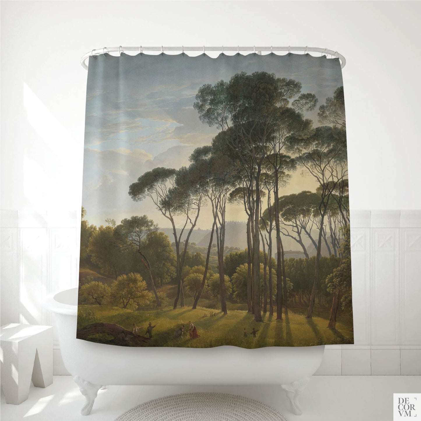Italian Landscape shower curtain hanging over a white clawfoot bathtub in a bright bathroom — Voogd's 1807 painting of tall umbrella pines catching golden Roman afternoon light over a sunlit clearing at Villa Borghese, by Decorvm.