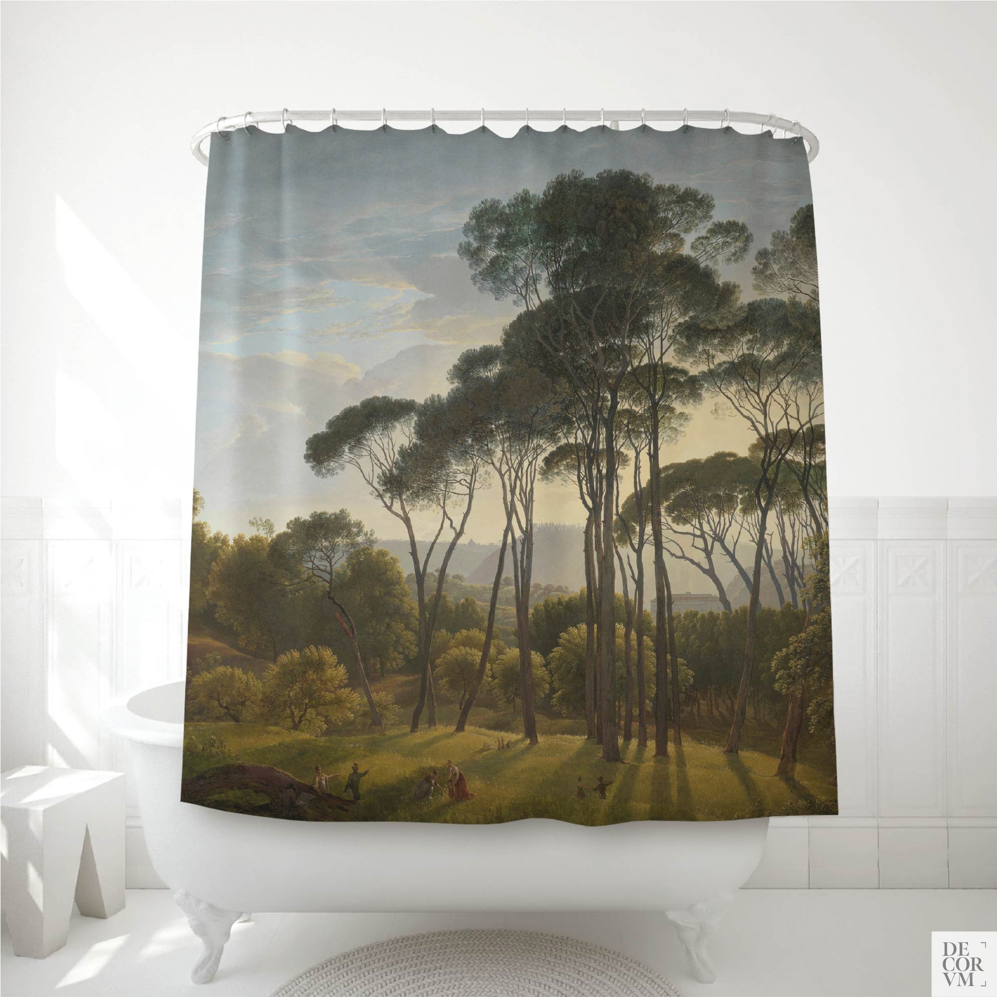 Italian Landscape shower curtain hanging over a white clawfoot bathtub in a bright bathroom — Voogd's 1807 painting of tall umbrella pines catching golden Roman afternoon light over a sunlit clearing at Villa Borghese, by Decorvm.