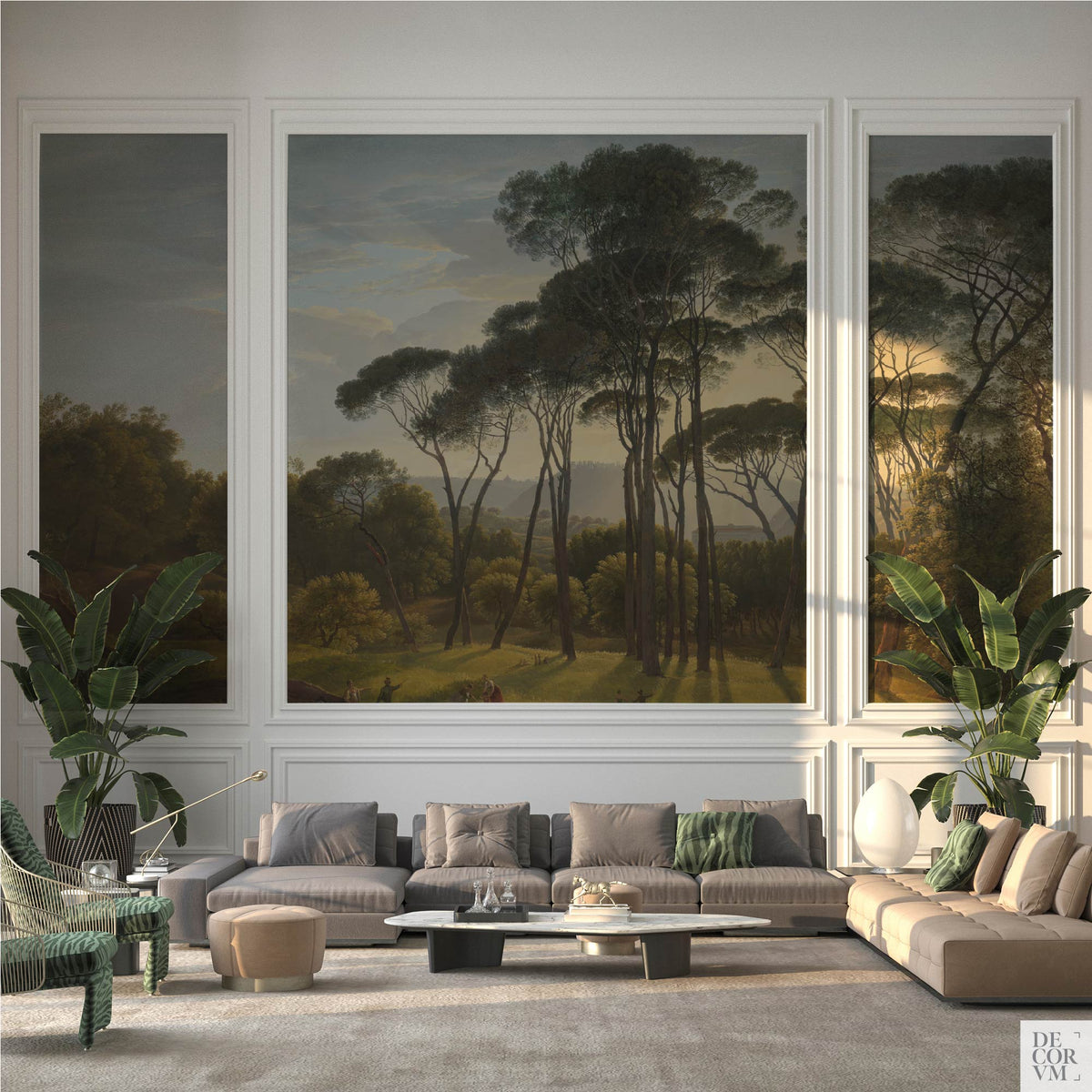 Italian umbrella pines landscape wallpaper mural spanning a grand living room with white paneled walls, grey and beige sofas, and tropical plants.