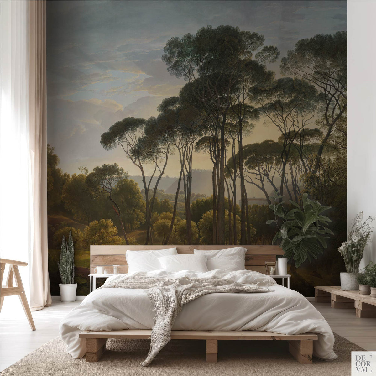 Italian umbrella pines landscape wall mural in a natural-toned bedroom with wooden platform bed, white bedding, and potted plants.