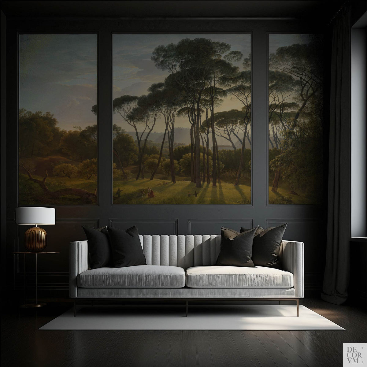 Italian landscape with umbrella pines wallpaper mural in a dark moody living room with charcoal paneling, white sofa, and gold lamp.