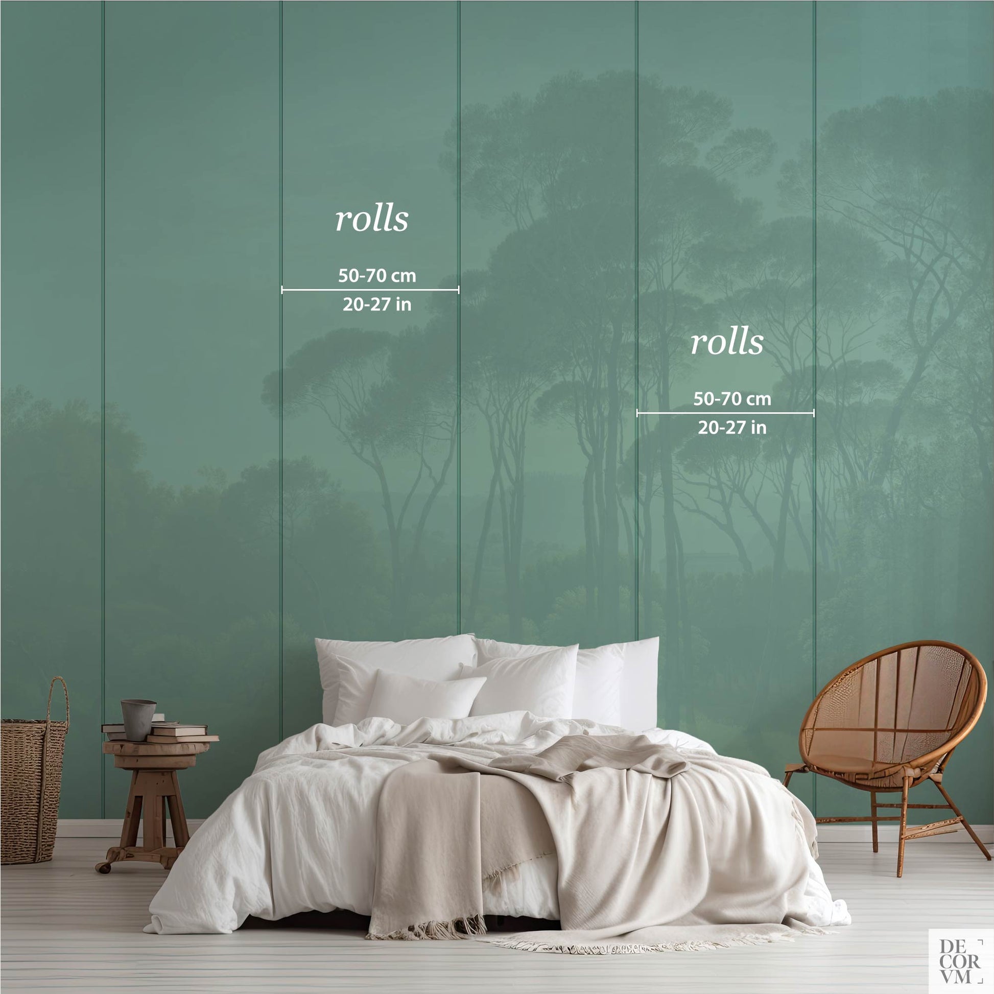 Italian landscape wallpaper mural roll width guide showing 50-70 cm (20-27 in) panels in a bedroom setting.