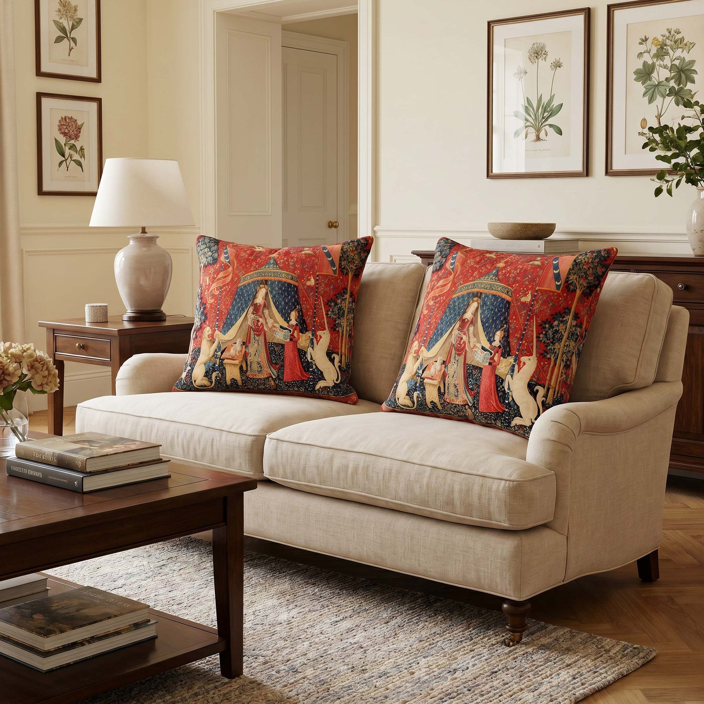 Two Lady and the Unicorn medieval cushion covers styled on a beige English roll-arm sofa with botanical prints — dark academia and grandmillennial living room decor.