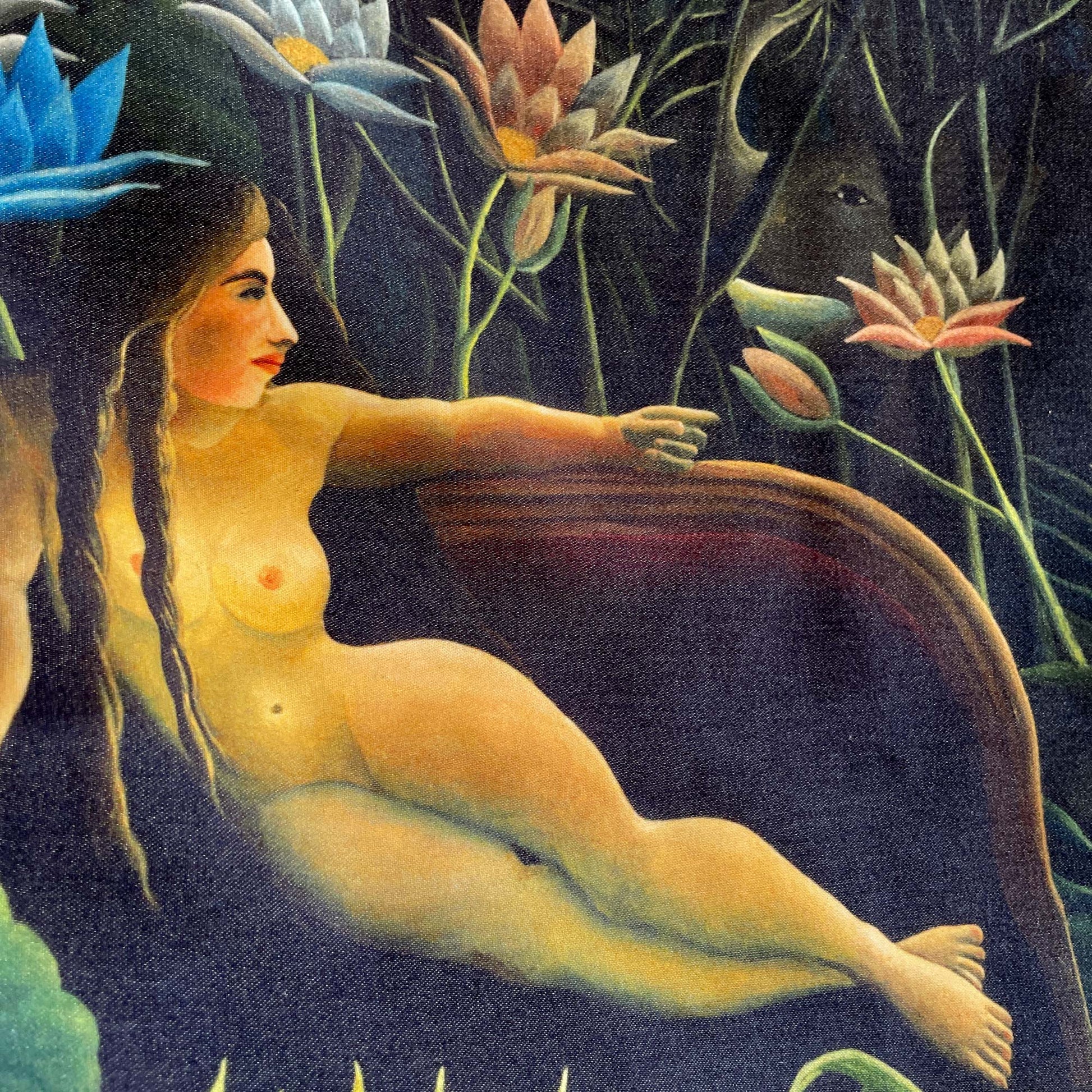 Close-up of the reclining figure on a vintage settee surrounded by lotus blooms — painting detail from Henri Rousseau's 1910 The Dream.