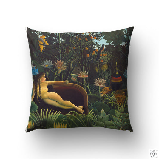 Henri Rousseau The Dream throw pillow cover — 1910 jungle scene with a reclining figure, oversized lotus blooms, lions, and exotic birds by Decorvm.