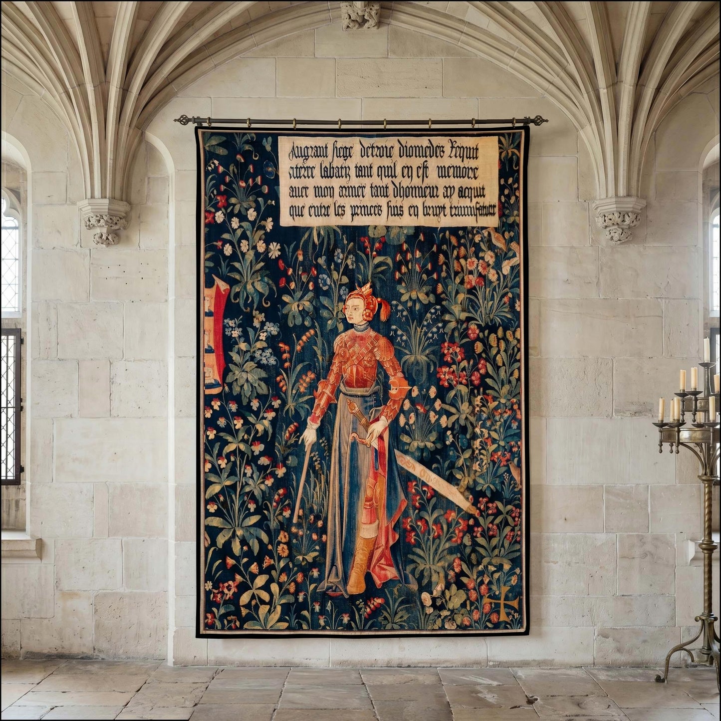Medieval Amazon Queen Penthesilea millefleurs wall tapestry displayed in a vaulted stone room — late 15th-century Flemish warrior portrait in navy and crimson by Decorvm.