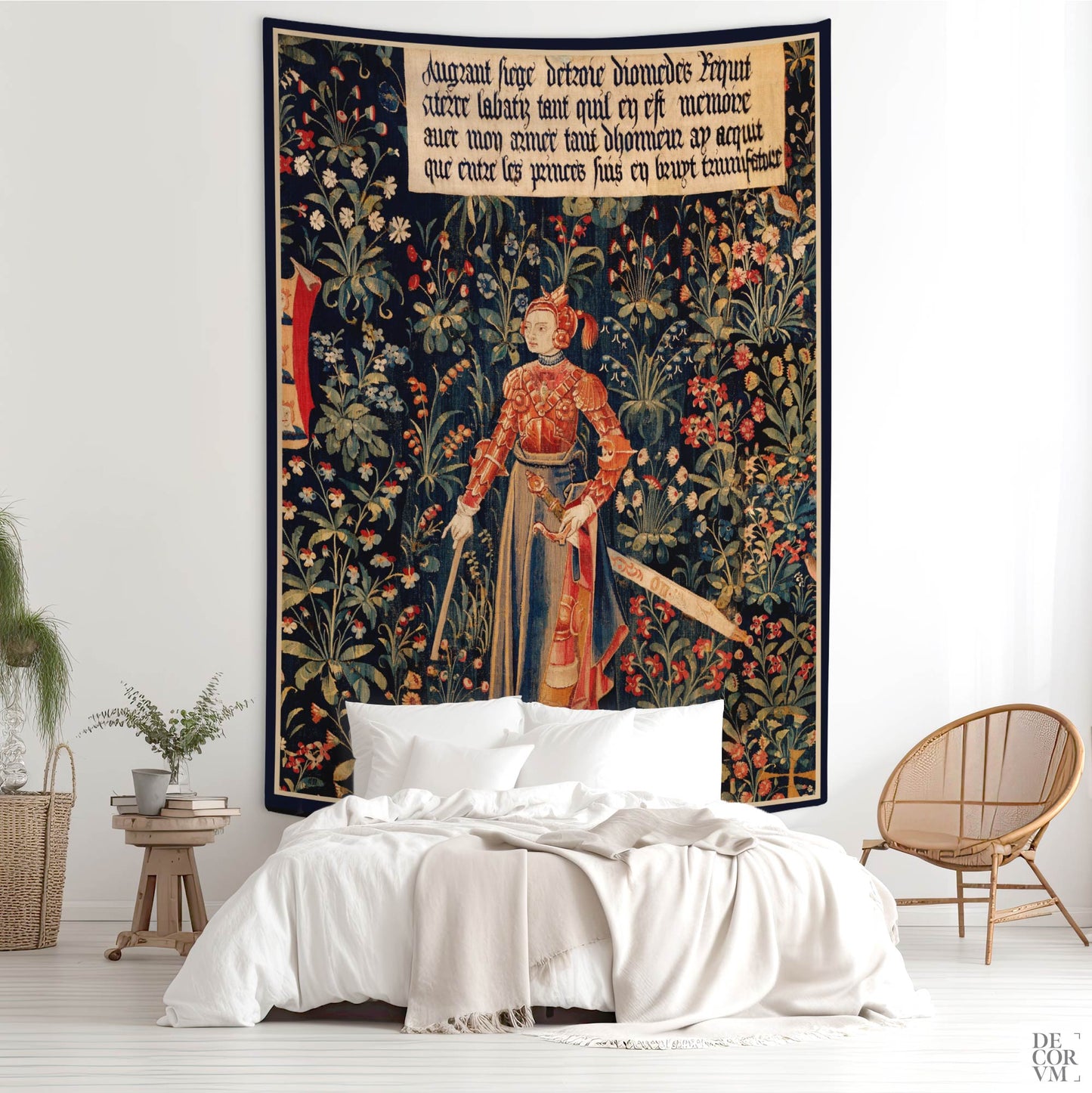 Medieval Amazon Queen Penthesilea wall tapestry above a bed in a Scandinavian-style bedroom by Decorvm.
