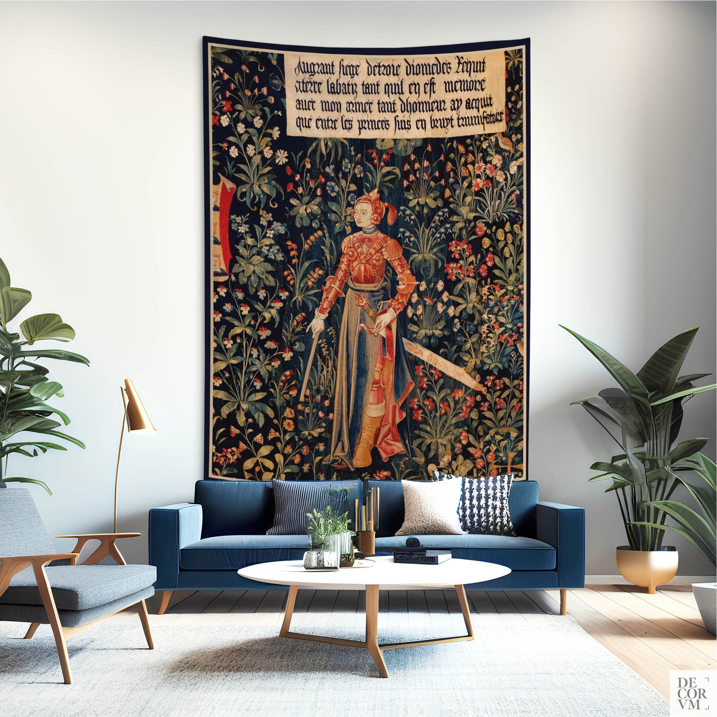 Medieval Amazon Queen Penthesilea wall tapestry above a blue sofa in a contemporary living room by Decorvm.