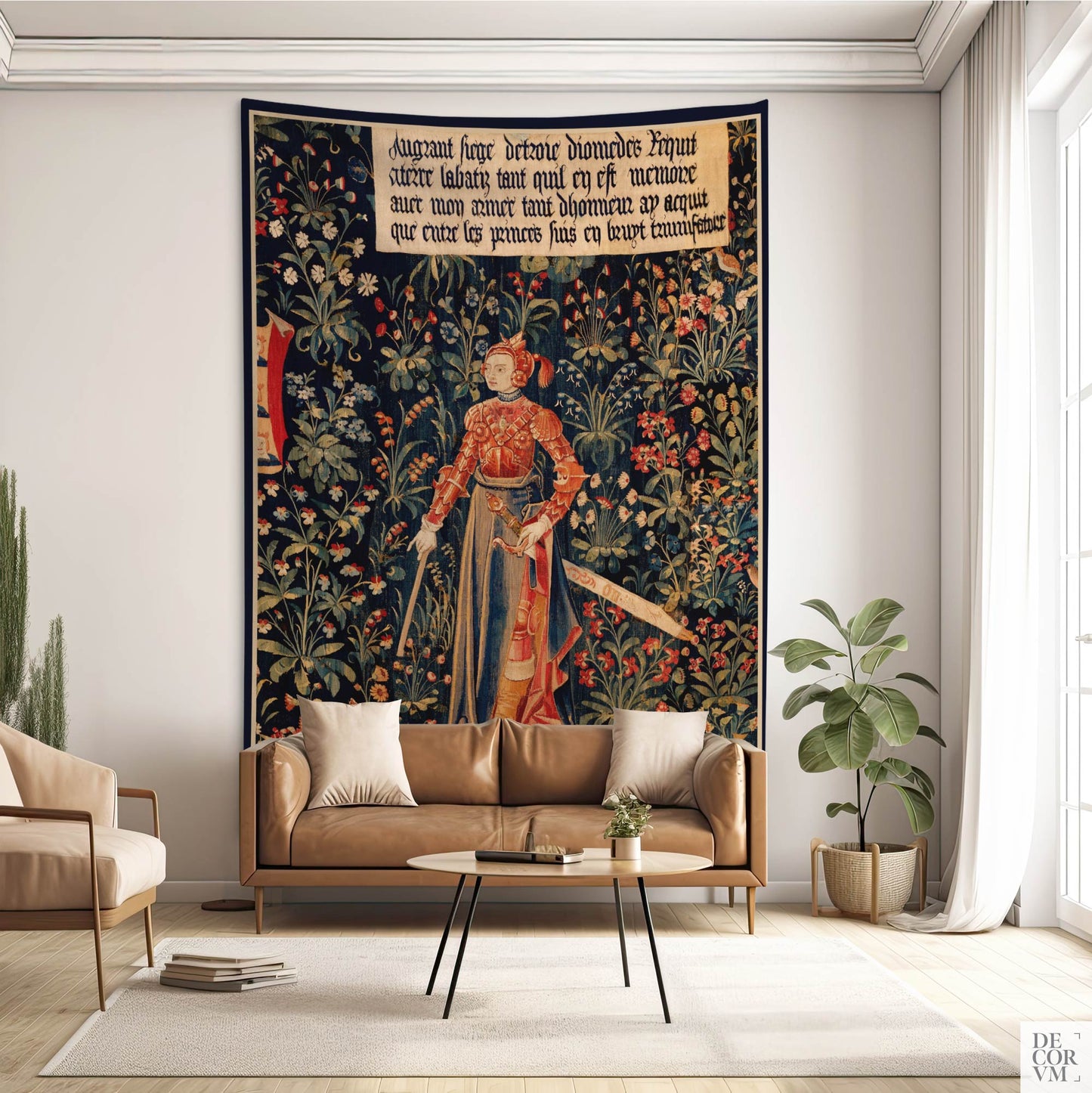 Medieval Amazon Queen Penthesilea millefleurs wall tapestry above a tan leather sofa in a modern living room by Decorvm.
