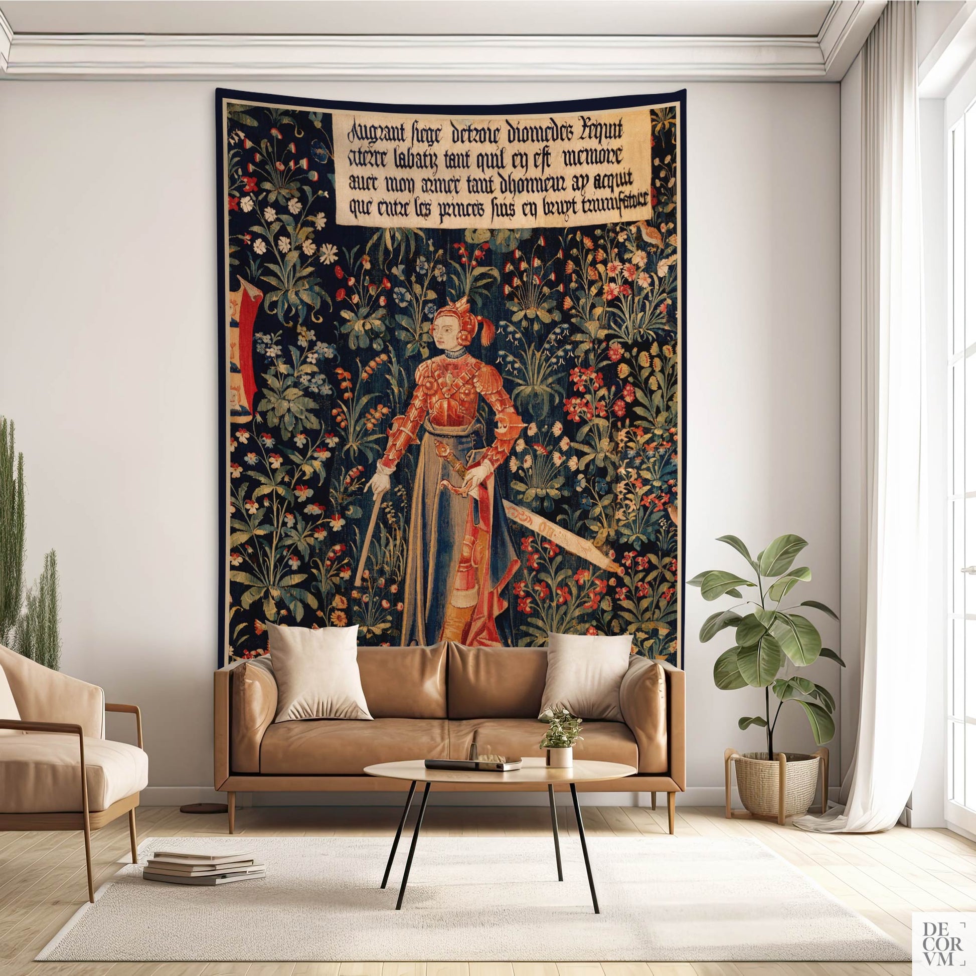 Medieval Amazon Queen Penthesilea millefleurs wall tapestry above a tan leather sofa in a modern living room by Decorvm.