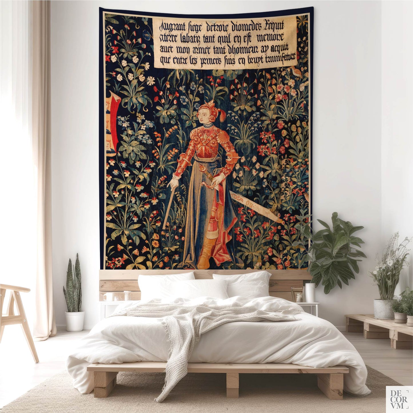 Medieval Amazon Queen Penthesilea wall tapestry above a low platform bed in a minimalist bedroom by Decorvm.