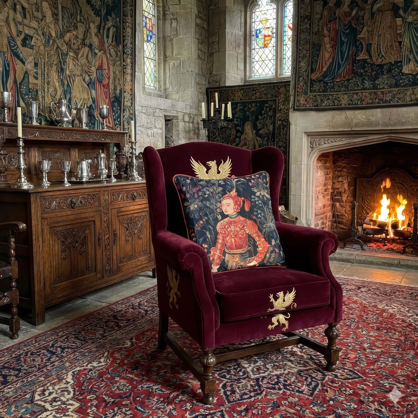 Medieval Amazon Queen cushion styled on a regal burgundy velvet armchair near a roaring stone fireplace — luxurious maximalist living room decor.