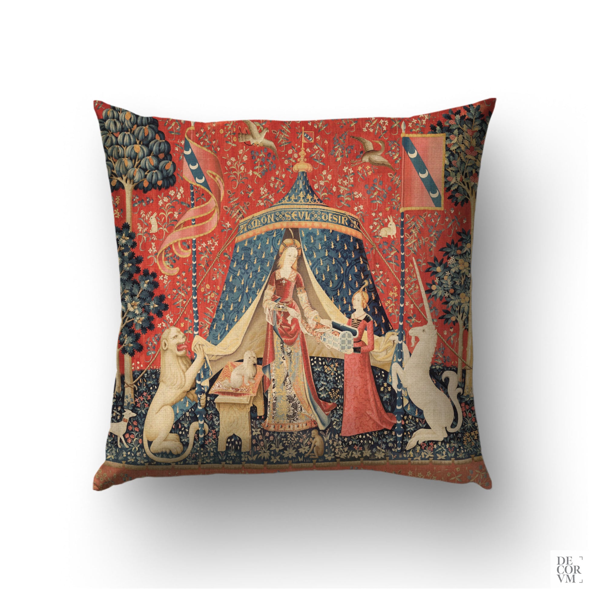 Full view of the Lady and the Unicorn medieval tapestry cushion cover featuring the historic "À mon seul désir" design on a white background.