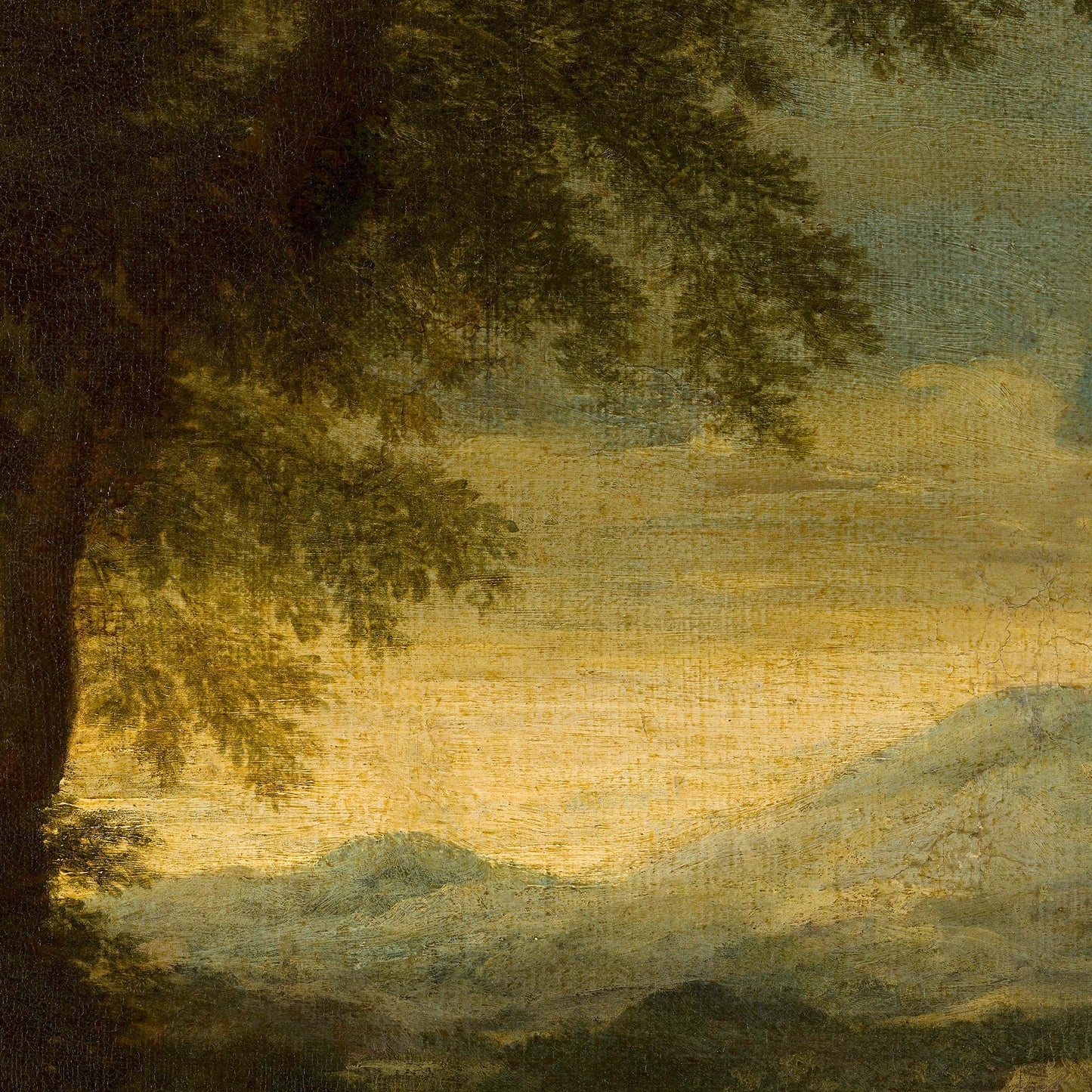 Detail of the Moody Mountain Landscape — Dark Academia Decor artwork, showing dark green tree branches framing the left side against a hazy golden sky and a distant pale blue mountain.