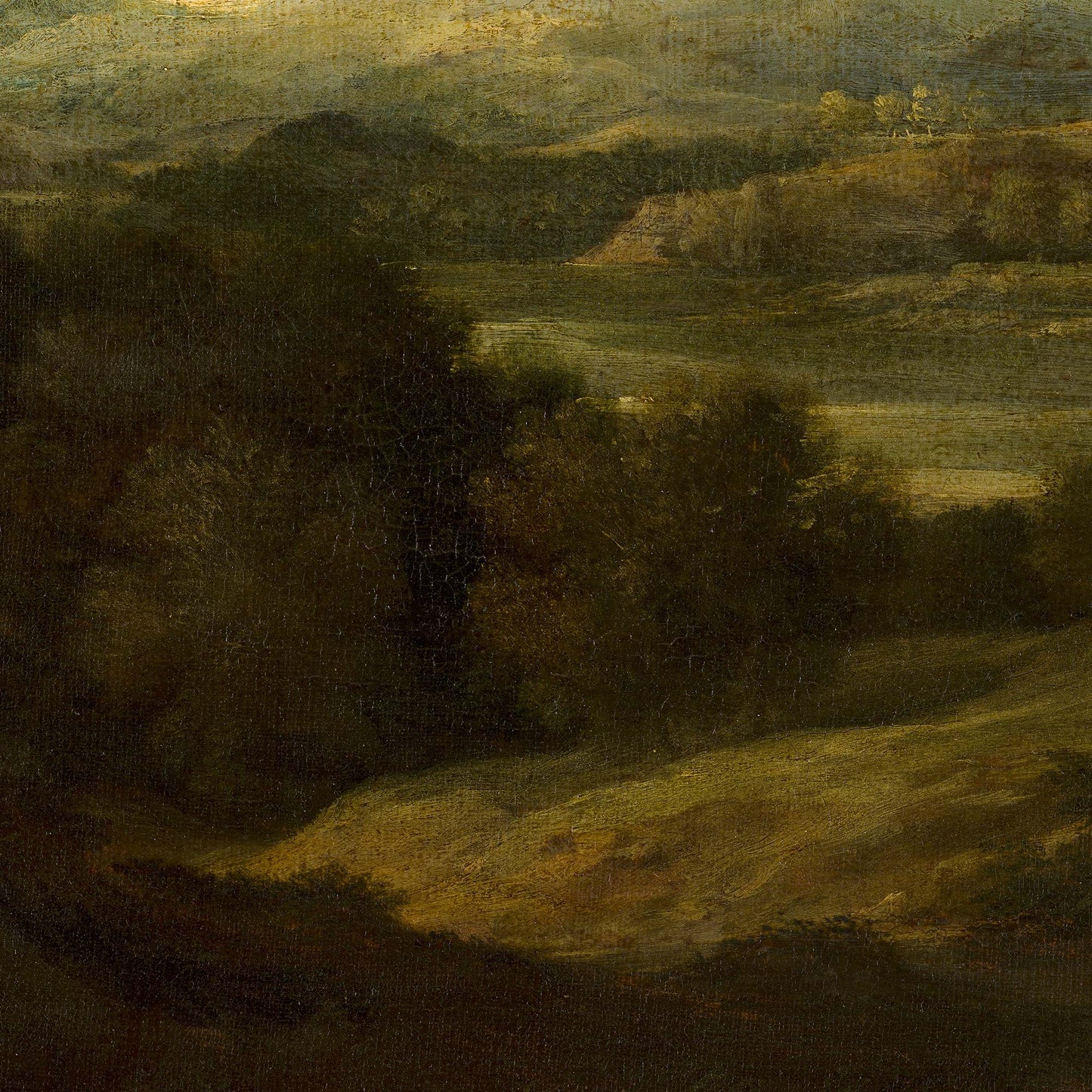 Shadowy foreground foliage and a sweeping, textured grassy valley make up this lower section of the Moody Mountain Landscape — Dark Academia Decor artwork.