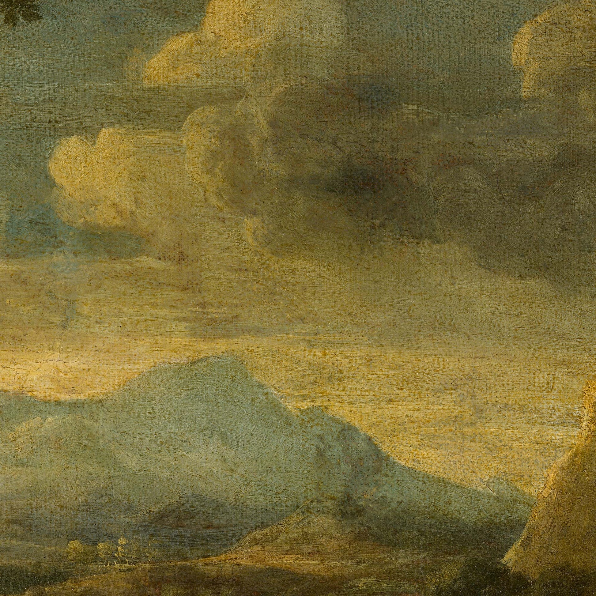 Billowing, textured clouds in golden and brownish tones sit above a prominent pale blue mountain peak in this Moody Mountain Landscape — Dark Academia Decor piece.