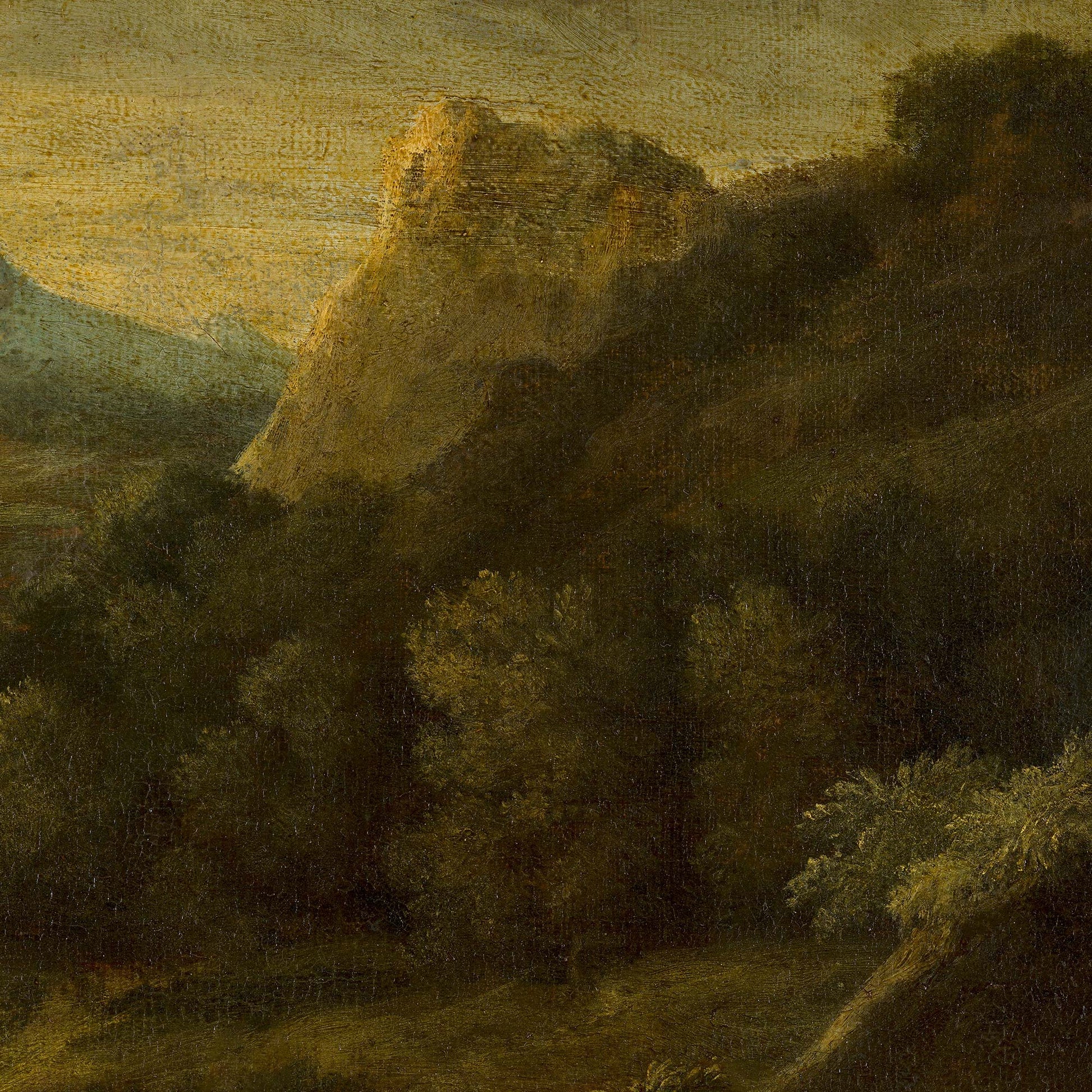Close-up view of a rugged, sun-lit rock formation rising from deep green, painted forest shadows in the Moody Mountain Landscape — Dark Academia Decor.