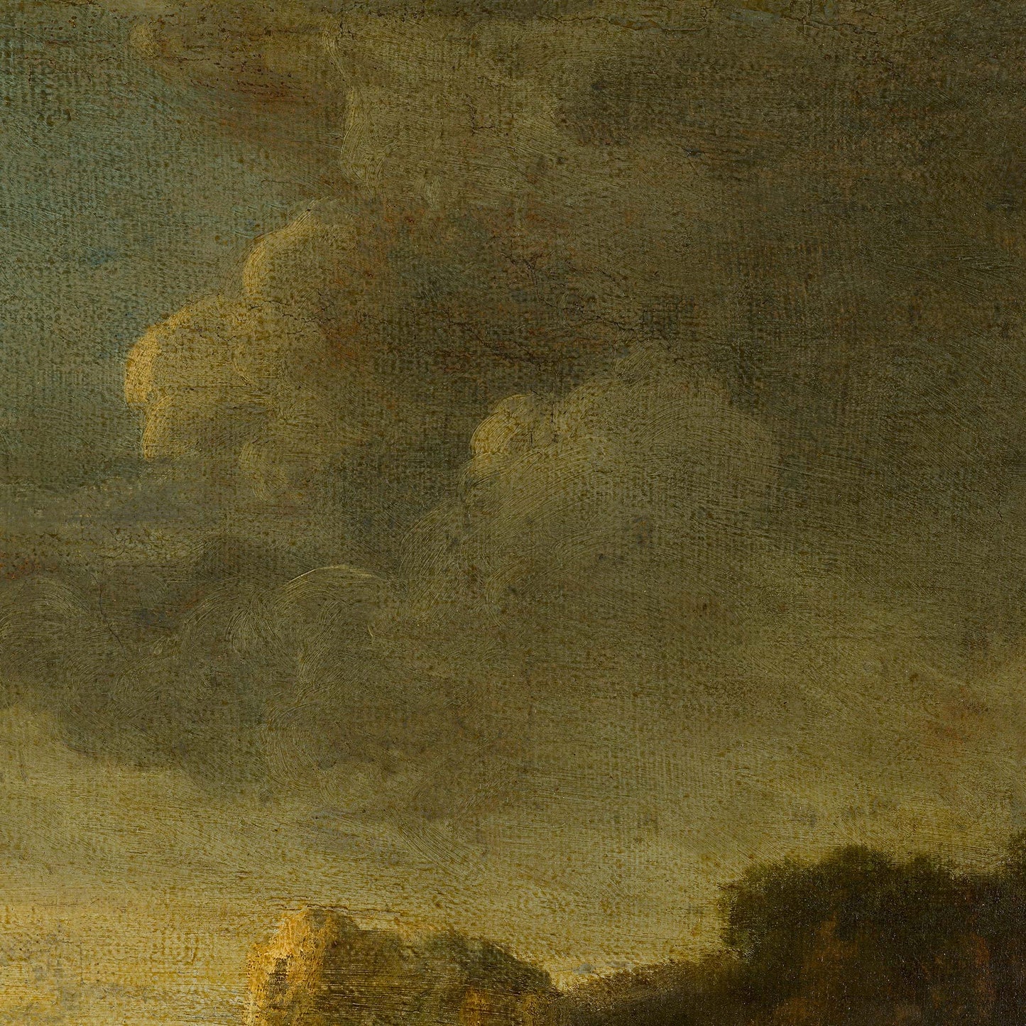 Thick, atmospheric clouds painted with visible brushstrokes in earthy brown and gold hues fill the upper section of the Moody Mountain Landscape — Dark Academia Decor artwork.