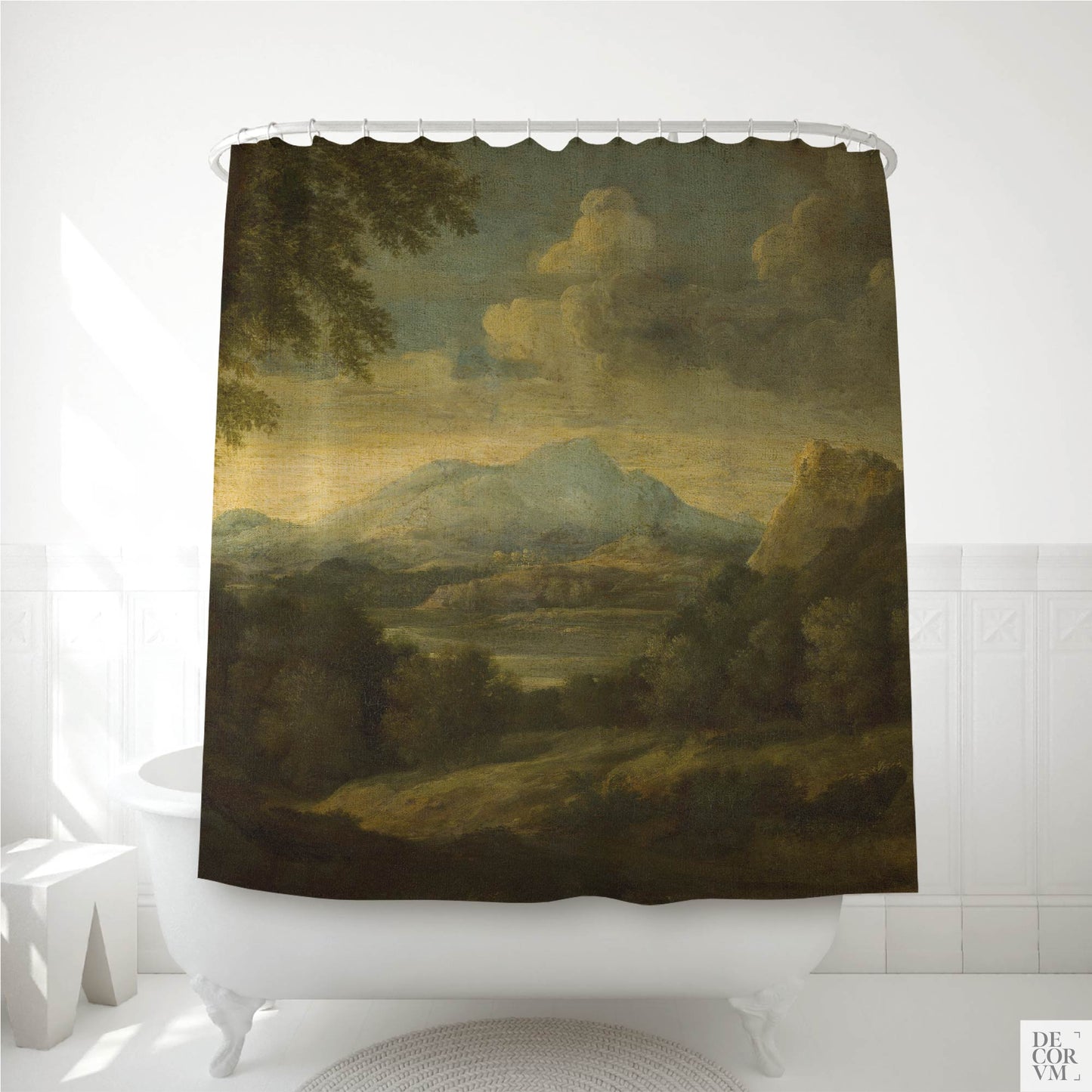 Moody mountain landscape shower curtain over a white clawfoot tub — 17th-century Gaspard Dughet oil painting in ochre and sage by Decorvm.