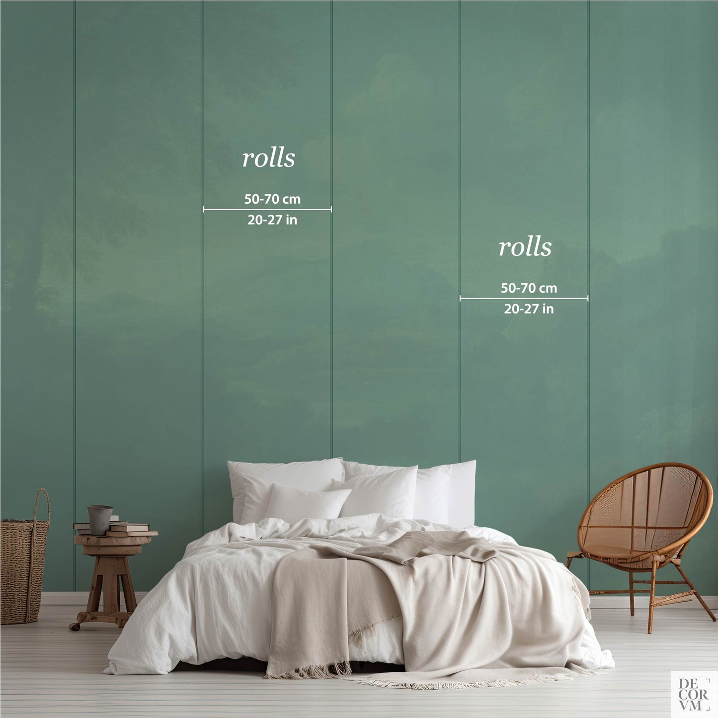 Diagram showing roll width dimensions of 50-70 cm (20-27 in) over a solid green wall in a bedroom setting, illustrating the panel sizes for the Moody Mountain Landscape Wallpaper Mural — Dark Academia Decor.