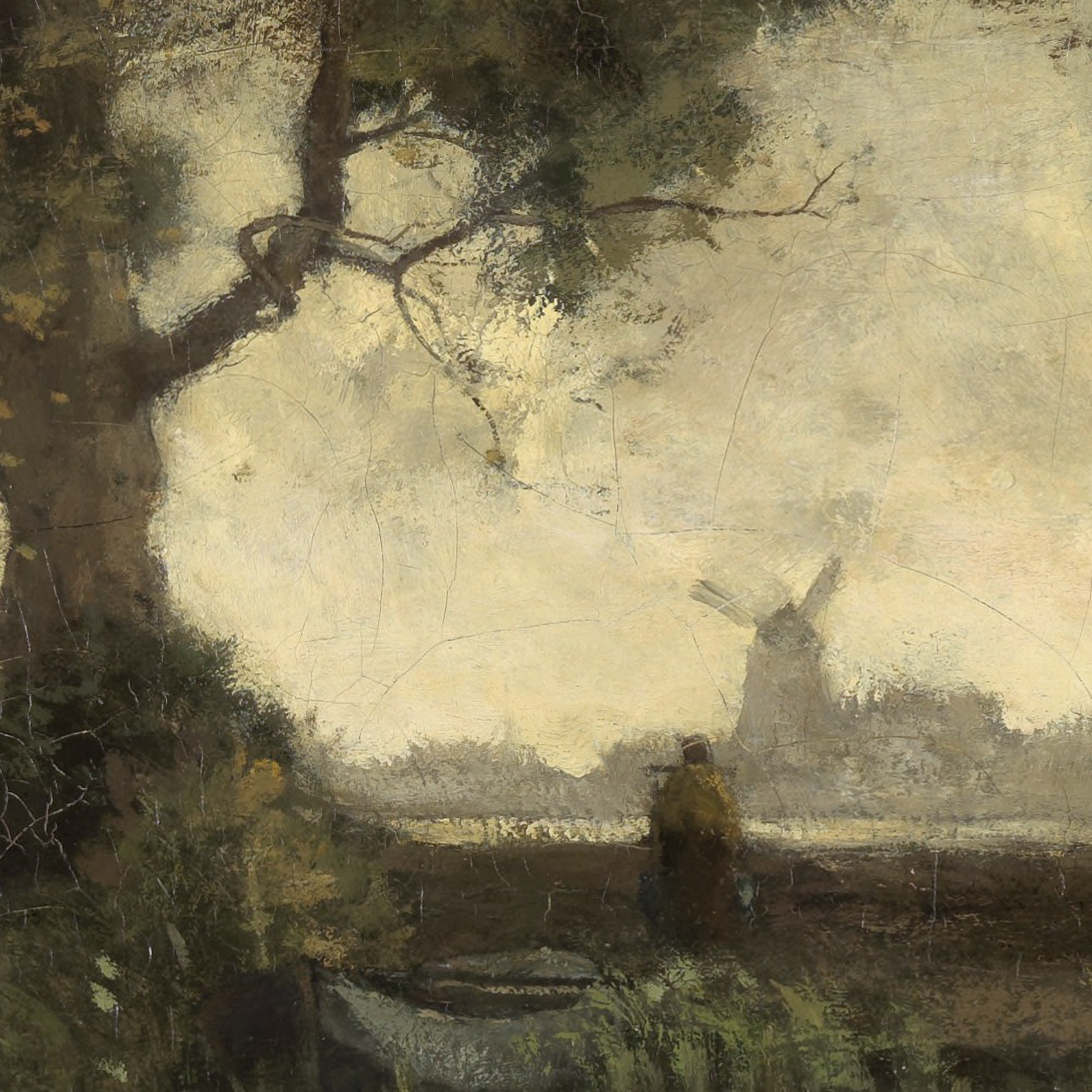 Close-up of a solitary figure on a path with a distant windmill and small boat at the riverbank — vintage Dutch countryside oil painting detail with crackled texture