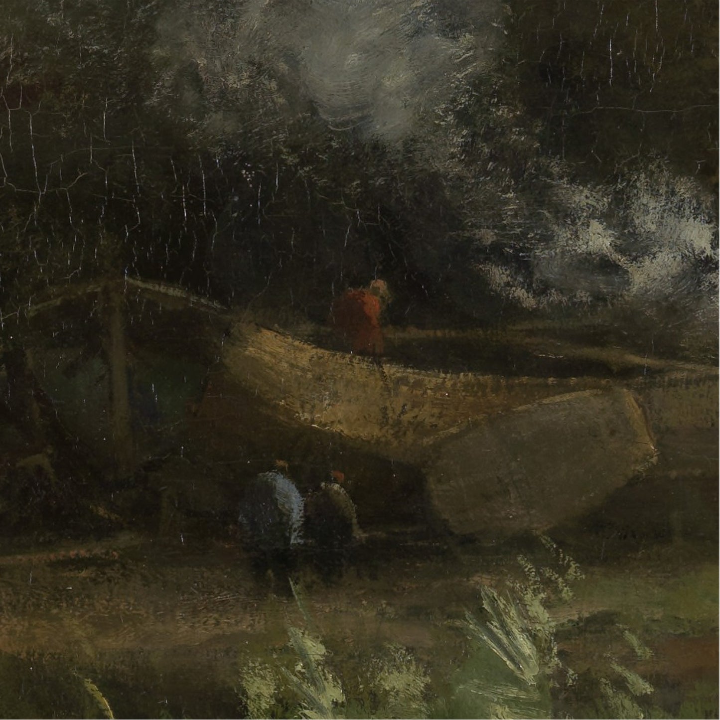 Close-up of a wooden boat with a figure and rising smoke along a dark riverbank — vintage countryside oil painting detail with visible craquelure